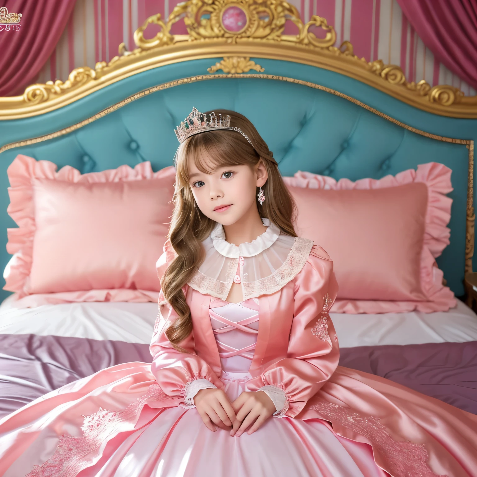 ,highest quality, masterpiece, highest resolution, artwork, super それにget used to it, many get used to it, get used to it, それにget used to it, 3K realistic photos,,(( When I was 10 years old)),Super detailed baby face,She is a princess,Full length ball gown dress with hoop skirt,ruffled yoke collar,puff sleeves,long sleeve,((Lolita style hot pink detailed princess satin dress、Comes with lots of frills and ribbons。)),colorful rococo fashion,shiny satin dress,Soft and smooth fabric,luxury,long blonde hair,blue eyes,white skin european,pajamas,((inside the palace)),,,(( When I was 10 years old)),Super detailed baby face,Full length ball gown dress with hoop skirt,long skirt,ruffled yoke collar,puff sleeves,腰まで伸びるlong blonde hair,blue eyes,white skin european,pajamas,((inside the palace bedroom)),ピンクのシルクサテンのluxuryなcanopy bedの上,canopy bed,Luxury curtains on both sides of the bed,many frilly pillows on the bed,super detailed background,Detailed bed,silk satin bed sheets,soft silk satin comforter,Soft silk satin ruffled pillow in pastel colors,romantic atmosphere,little princess is sitting on the bed,Don&#39;Don&#39;t put your feet out to the side,Beautiful girl illustration,detailed beautiful face detailed hair,detailed human eye ,detailed mouth, arm details,fine hands,Detailed pillow,