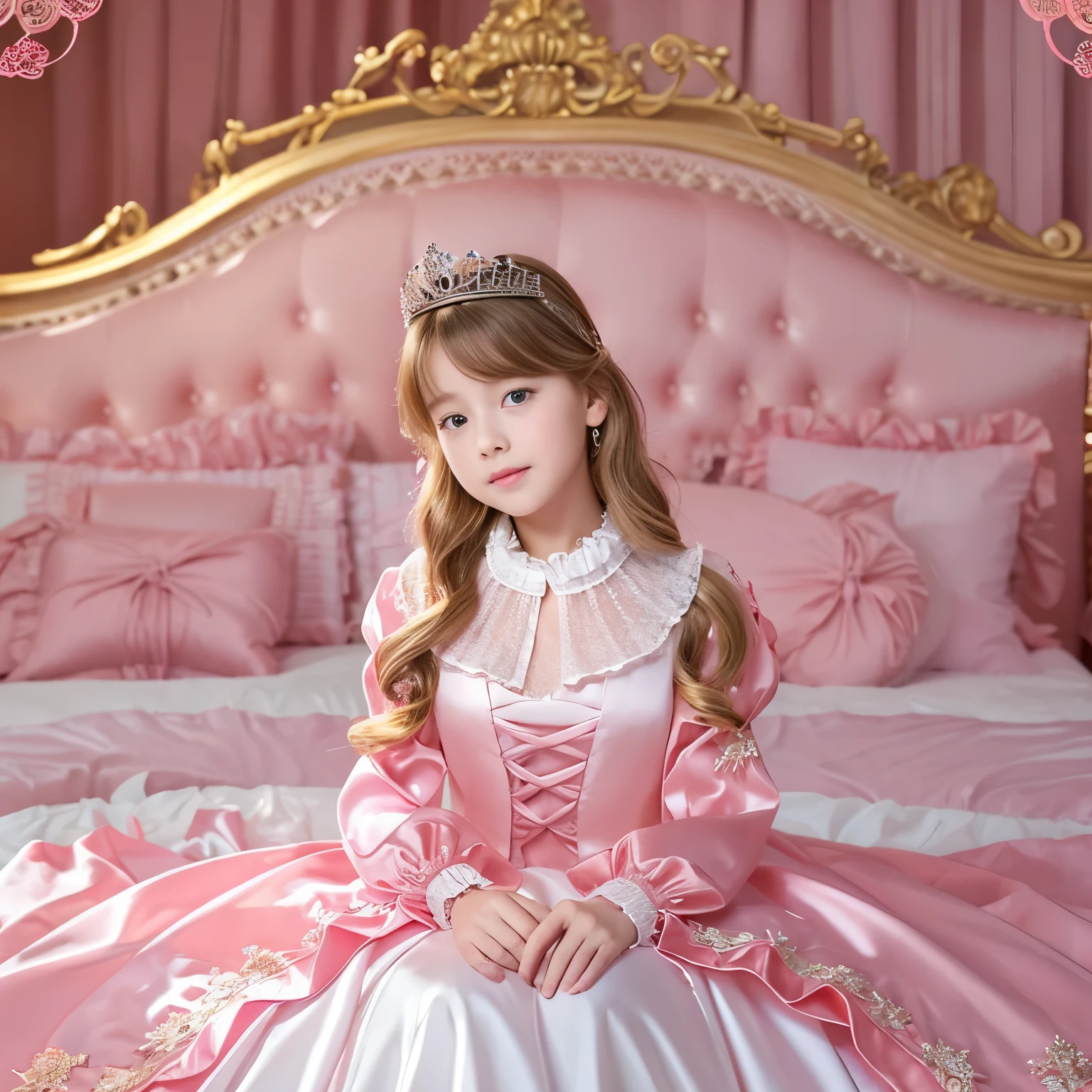 ,highest quality, masterpiece, highest resolution, artwork, super それにget used to it, many get used to it, get used to it, それにget used to it, 3K realistic photos,,(( When I was 10 years old)),Super detailed baby face,She is a princess,Full length ball gown dress with hoop skirt,ruffled yoke collar,puff sleeves,long sleeve,((Lolita style hot pink detailed princess satin dress、Comes with lots of frills and ribbons。)),colorful rococo fashion,shiny satin dress,Soft and smooth fabric,luxury,long blonde hair,blue eyes,white skin european,pajamas,((inside the palace)),,,(( When I was 10 years old)),Super detailed baby face,Full length ball gown dress with hoop skirt,long skirt,ruffled yoke collar,puff sleeves,腰まで伸びるlong blonde hair,blue eyes,white skin european,pajamas,((inside the palace bedroom)),ピンクのシルクサテンのluxuryなcanopy bedの上,canopy bed,Luxury curtains on both sides of the bed,many frilly pillows on the bed,super detailed background,Detailed bed,silk satin bed sheets,soft silk satin comforter,Soft silk satin ruffled pillow in pastel colors,romantic atmosphere,little princess is sitting on the bed,Don&#39;Don&#39;t put your feet out to the side,Beautiful girl illustration,detailed beautiful face detailed hair,detailed human eye ,detailed mouth, arm details,fine hands,Detailed pillow,