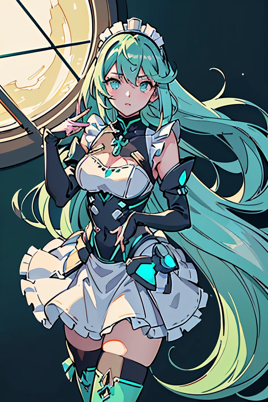 Anime, Girl, (((1girl))), (((Waifu, Xenoblade Chronicles 2, Pneuma Waifu))), (((Seafoam Green Hair, Long Hair))), ((Seafoam Green Eyes eyes:1.3, Upturned Eyes: 1, Perfect Eyes, Beautiful Detailed Eyes, Gradient eyes: 1, Finely Detailed Beautiful Eyes: 1, Symmetrical Eyes: 1, Big Highlight On Eyes: 1.2)), (((Lustrous Skin: 1.5, Bright Skin: 1.5, Skin Fair, Shiny Skin, Very Shiny Skin, Shiny Body, Plastic Glitter Skin, Exaggerated Shiny Skin, Illuminated Skin))), (Detailed Body, (Detailed Face)), Young, Idol Pose, (Best Quality), ((((Techwear))), (((Maid Outfit))), (((Frilly Headpiece))), (((Frilly Shoulders))), (((Long Skirt, Frilly Skirt))), (((Thigh-high Heeled Boots))), High Resolution, Sharp Focus, Ultra Detailed, Extremely Detailed, Extremely High Quality Artwork, (Realistic, Photorealistic: 1.37), 8k_Wallpaper, (Extremely Detailed CG 8k), (Very Fine 8K CG), ((Hyper Super Ultra Detailed Perfect Piece)), (((Flawlessmasterpiece))), Illustration, Vibrant Colors, (Intricate), High Contrast, Selective Lighting, Double Exposure, HDR (High Dynamic Range), Post-processing, Background Blur