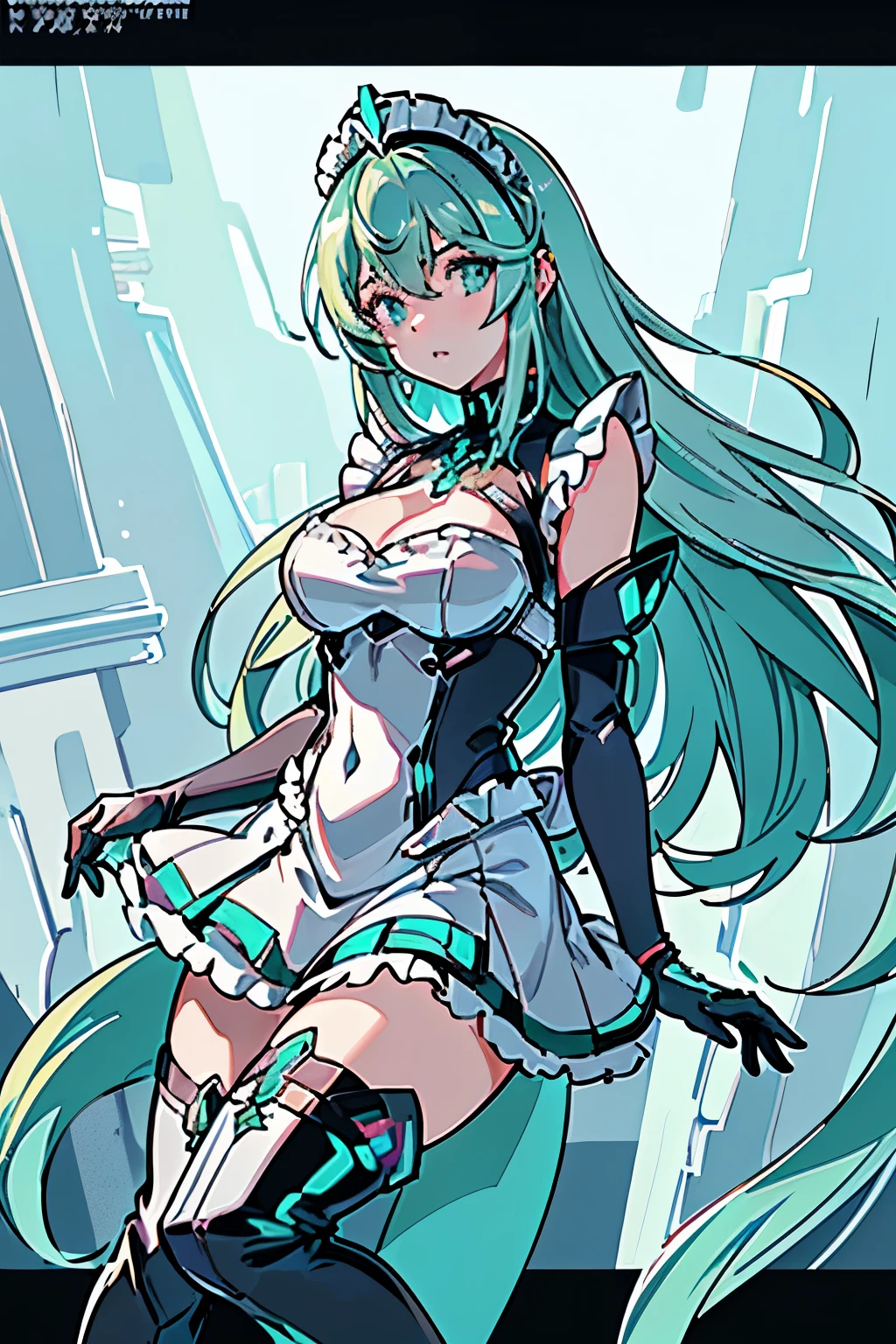 Anime, Girl, (((1girl))), (((Waifu, Xenoblade Chronicles 2, Pneuma Waifu))), (((Seafoam Green Hair, Long Hair))), ((Seafoam Green Eyes eyes:1.3, Upturned Eyes: 1, Perfect Eyes, Beautiful Detailed Eyes, Gradient eyes: 1, Finely Detailed Beautiful Eyes: 1, Symmetrical Eyes: 1, Big Highlight On Eyes: 1.2)), (((Lustrous Skin: 1.5, Bright Skin: 1.5, Skin Fair, Shiny Skin, Very Shiny Skin, Shiny Body, Plastic Glitter Skin, Exaggerated Shiny Skin, Illuminated Skin))), (Detailed Body, (Detailed Face)), Young, Idol Pose, (Best Quality), ((((Techwear))), (((Maid Outfit))), (((Frilly Headpiece))), (((Frilly Shoulders))), (((Long Skirt, Frilly Skirt))), (((Thigh-high Heeled Boots))), High Resolution, Sharp Focus, Ultra Detailed, Extremely Detailed, Extremely High Quality Artwork, (Realistic, Photorealistic: 1.37), 8k_Wallpaper, (Extremely Detailed CG 8k), (Very Fine 8K CG), ((Hyper Super Ultra Detailed Perfect Piece)), (((Flawlessmasterpiece))), Illustration, Vibrant Colors, (Intricate), High Contrast, Selective Lighting, Double Exposure, HDR (High Dynamic Range), Post-processing, Background Blur