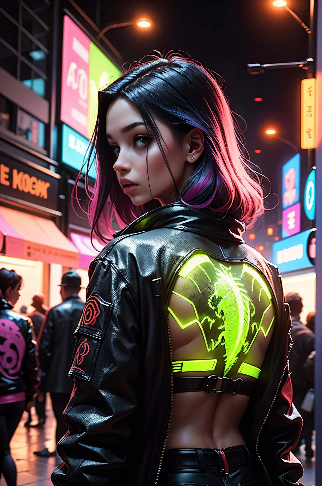 garota de costas, sem camisa, vibrant colors hair, looking behind, dragon tattoo on the back, imagem estilo cyberpunk, luzes neon, alta qualidade, ultra 8k