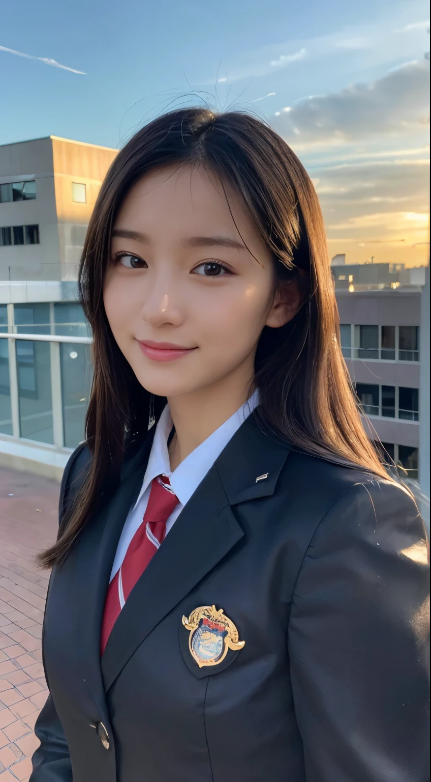 (highest quality,8K quality,masterpiece:1.3),(ultra high resolution,photorealistic:1.4,Live shooting),(Super detailed,caustics,detailed background),(ultra-realistic capture,Beautifully detailed skin,perfect anatomy),at dusk,Sunset sky,school building,schoolyard,14 years old,cute,single eyelid,black long hair,School Blazer Uniform,Looking at the camera,A sloppy smile,bust up shot,Natural light