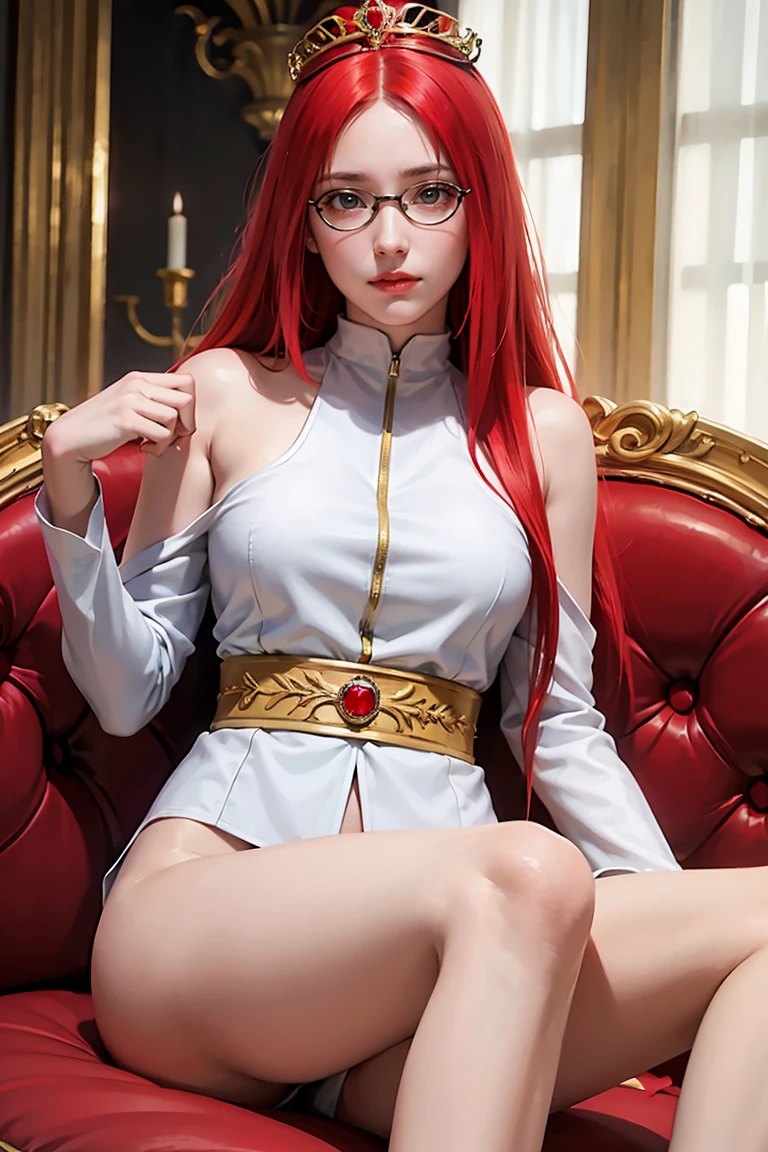 1 Girl, sitting on the classical European sofa, white skin, red hair, long hair with slight curls, red vouluminous hair, crown on her head, exquisite and beautiful big red eyes,, glasses exquisite features, detailed features, exquisite and gorgeous uniform inlaid with gems, perfect figure,gorgeous  exquisite and gorgeous furnishings,