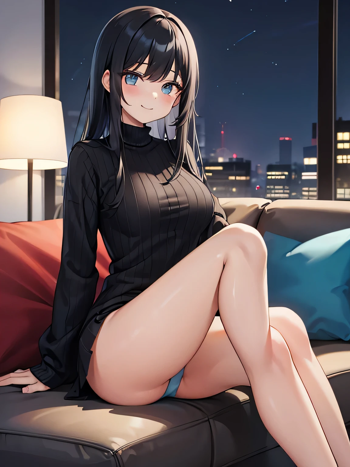 (1) A woman is sitting on a sofa in the living room with her legs closed. Her light blue panties are almost visible between her thighs and skirt.
(2) The woman is wearing a black long-sleeved knit mini dress.
(3) she has long black hair.
(4) Her expression is a smile; She is 29 years old and has a mature look..
(5) The location is the sofa in the living room of the apartment at night..
