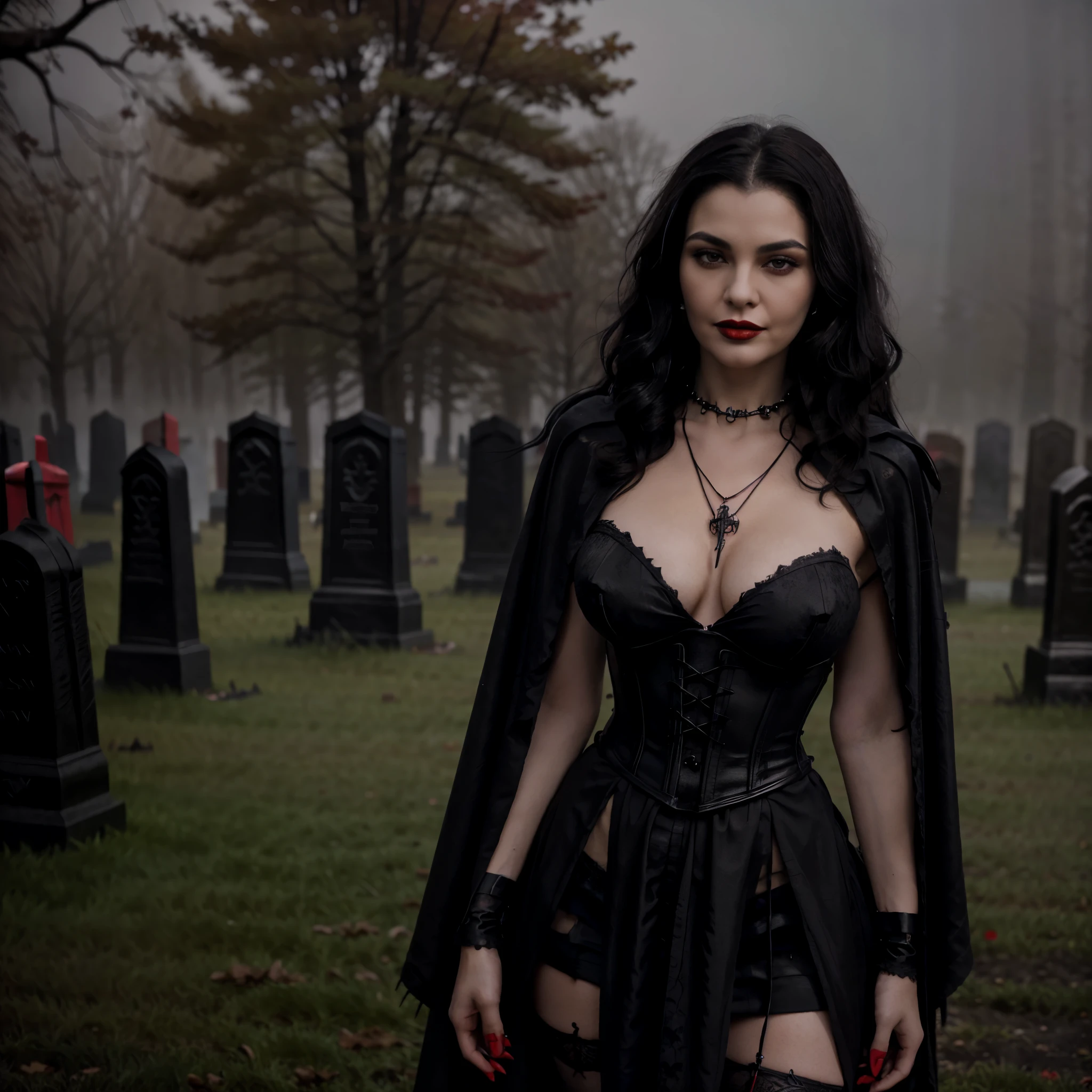 Beautiful 20 year old woman, large tits, with short messy wavy black hair, wearing a red corset with black accents and black cloak with gothic qualities, standing in a foggy cemetery at night, (red lipstick:1.5), realistic skin texture, (cross necklace:1.2), (looking at camera:1.3), (Gothic Art:1.4), photo realistic, 8k