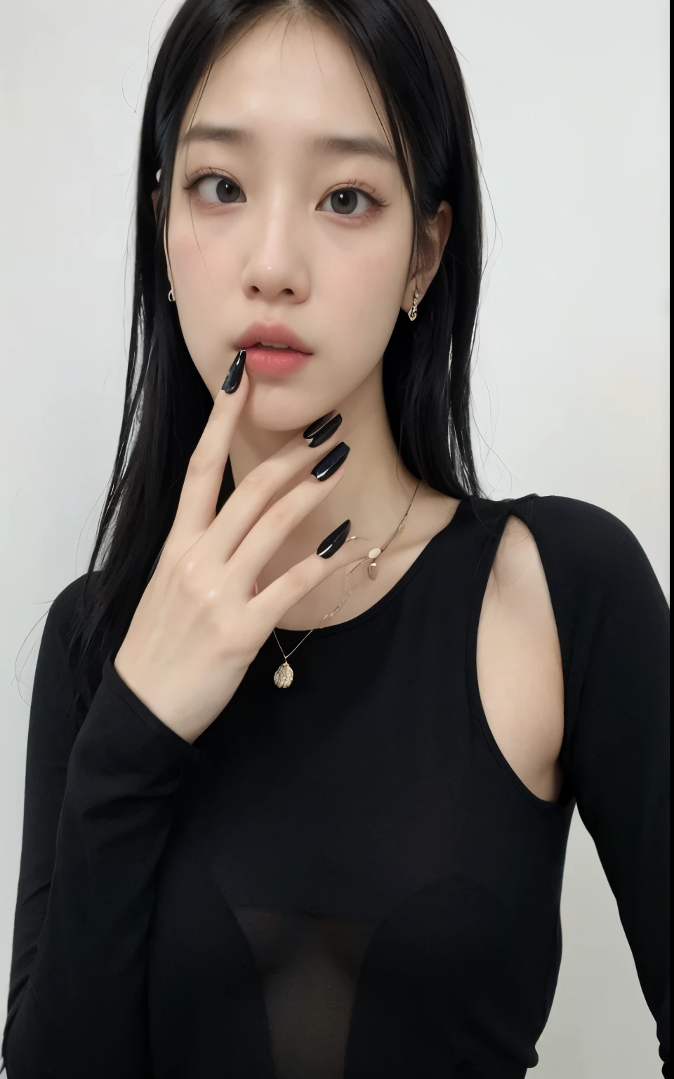 a closeup of a woman in a black top and nails, cruel korean gothic girl, con negro, Jinyoung Shin, heonhwa choe, ulzzang, muchacha coreana, jisoo de blackpink, jossi de blackpink, Ropa negra, vistiendo ropa negra, hermosa mujer surcoreana, Jisoo de Blackpink, jaeyeon nam, bae suzy