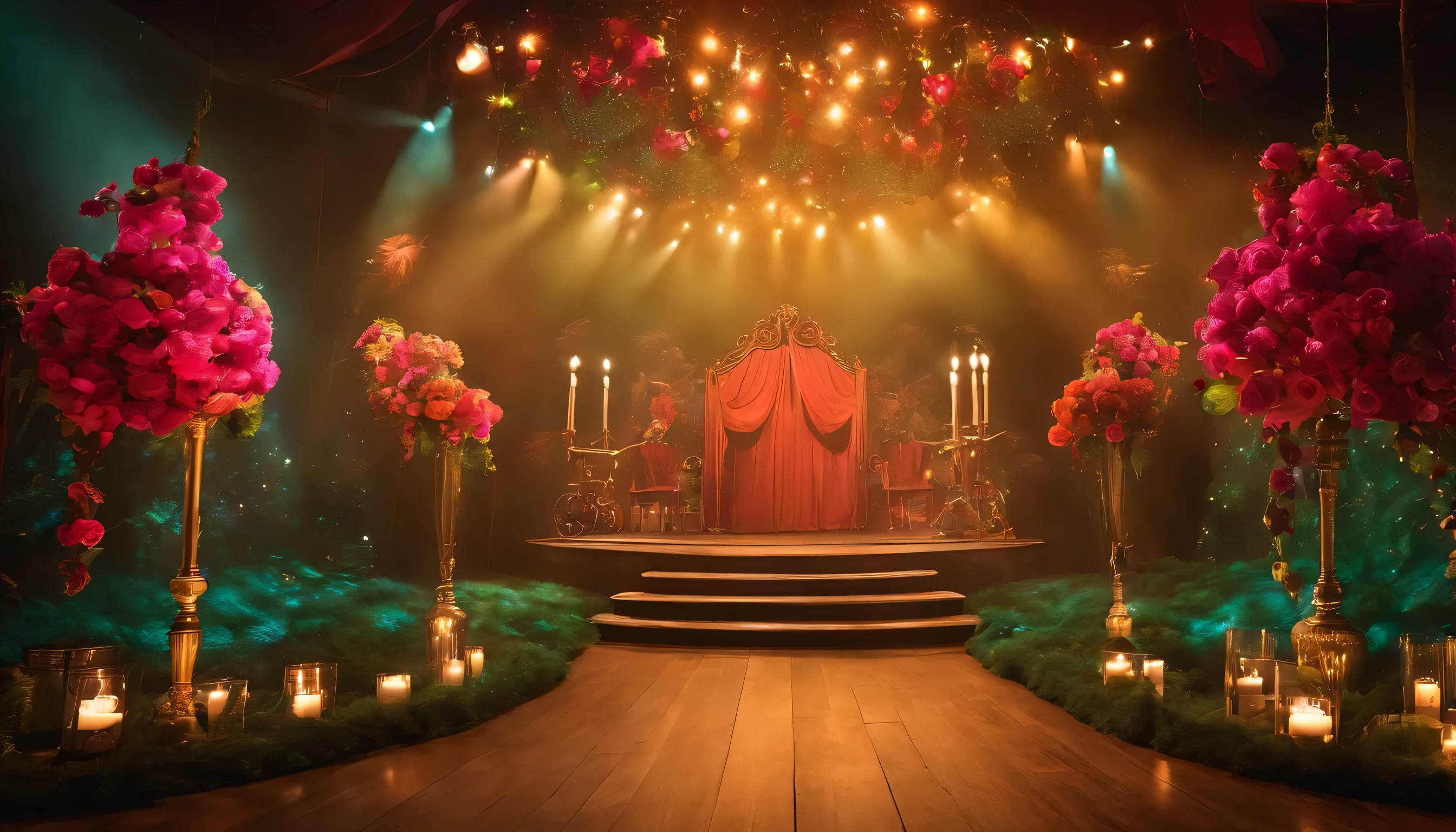 The stage transforms into a magical world with vibrant colors, imaginative backgrounds, and whimsical props.
Oversized buttons, colorful streamers, and playful backdrops contribute to the enchanting environment.