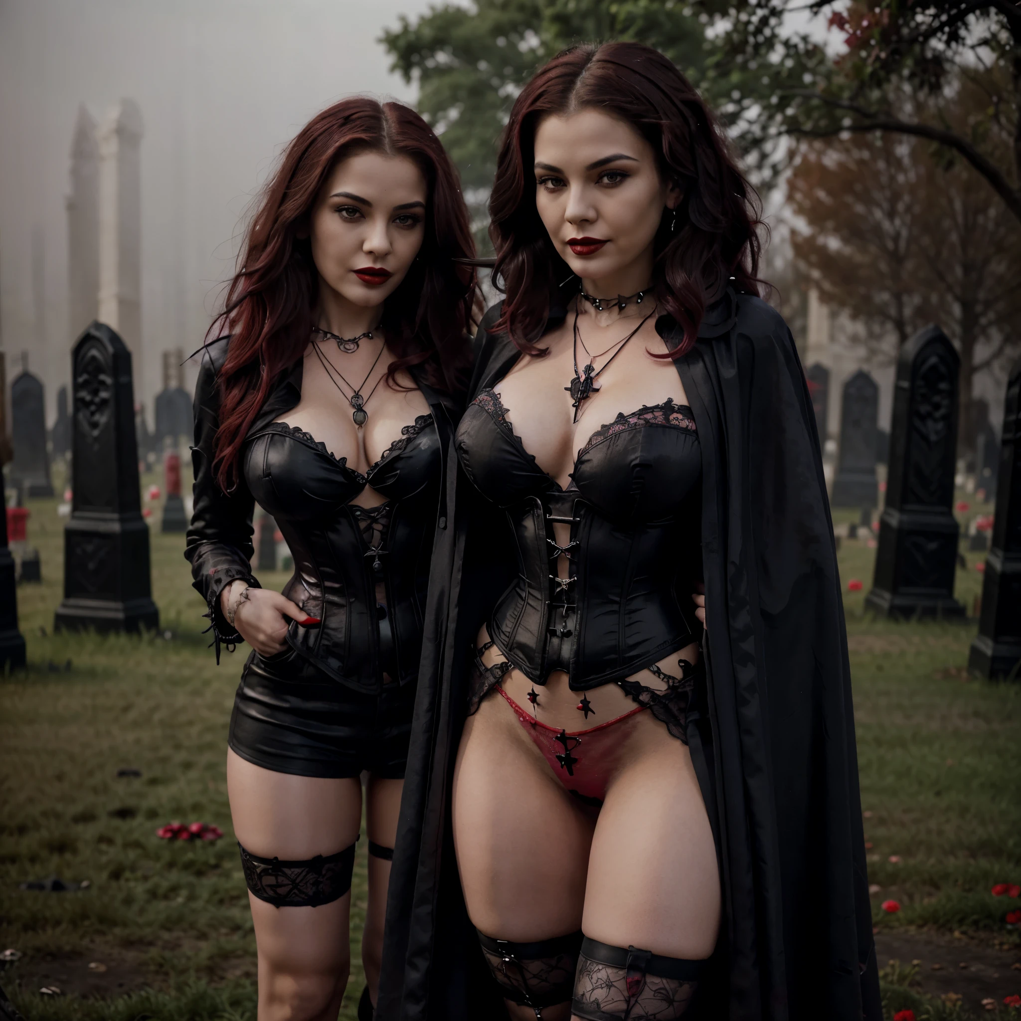 Beautiful 20 year old woman, large tits, with short messy wavy pink hair, wearing a red corset with black accents and black cloak with gothic qualities, standing in a foggy cemetery at night, (red lipstick:1.5), realistic skin texture, (cross necklace:1.2), (looking at camera:1.3), (Gothic Art:1.4), photo realistic, 8k