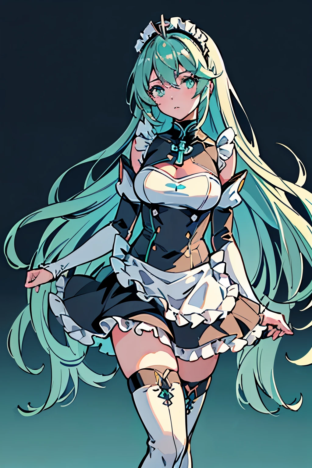 Anime, Girl, (((1girl))), (((Waifu, Xenoblade Chronicles 2, Pneuma Waifu))), (((Seafoam Green Hair, Long Hair))), ((Seafoam Green Eyes eyes:1.3, Upturned Eyes: 1, Perfect Eyes, Beautiful Detailed Eyes, Gradient eyes: 1, Finely Detailed Beautiful Eyes: 1, Symmetrical Eyes: 1, Big Highlight On Eyes: 1.2)), (((Lustrous Skin: 1.5, Bright Skin: 1.5, Skin Fair, Shiny Skin, Very Shiny Skin, Shiny Body, Plastic Glitter Skin, Exaggerated Shiny Skin, Illuminated Skin))), (Detailed Body, (Detailed Face)), Young, Idol Pose, (Best Quality), ((((Techwear))), (((Maid Outfit))), (((Frilly Headpiece))), (((Frilly Shoulders))), (((Long Skirt, Frilly Skirt))), (((Thigh-high Heeled Boots))), High Resolution, Sharp Focus, Ultra Detailed, Extremely Detailed, Extremely High Quality Artwork, (Realistic, Photorealistic: 1.37), 8k_Wallpaper, (Extremely Detailed CG 8k), (Very Fine 8K CG), ((Hyper Super Ultra Detailed Perfect Piece)), (((Flawlessmasterpiece))), Illustration, Vibrant Colors, (Intricate), High Contrast, Selective Lighting, Double Exposure, HDR (High Dynamic Range), Post-processing, Background Blur