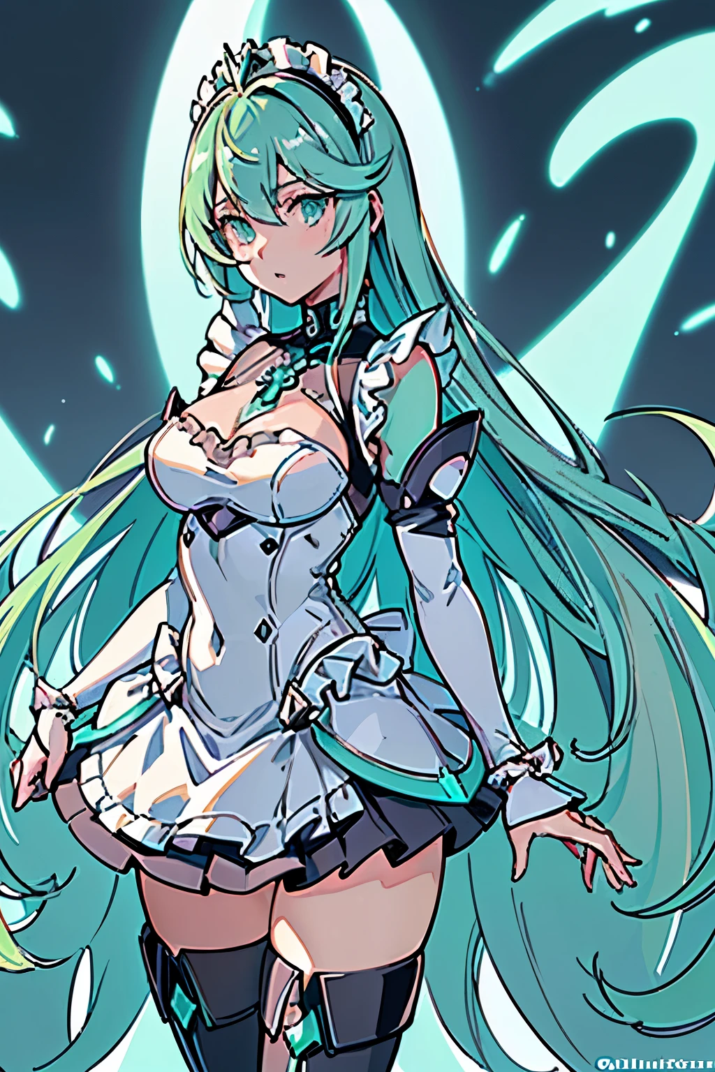 Anime, Girl, (((1girl))), (((Waifu, Xenoblade Chronicles 2, Pneuma Waifu))), (((Seafoam Green Hair, Long Hair))), ((Seafoam Green Eyes eyes:1.3, Upturned Eyes: 1, Perfect Eyes, Beautiful Detailed Eyes, Gradient eyes: 1, Finely Detailed Beautiful Eyes: 1, Symmetrical Eyes: 1, Big Highlight On Eyes: 1.2)), (((Lustrous Skin: 1.5, Bright Skin: 1.5, Skin Fair, Shiny Skin, Very Shiny Skin, Shiny Body, Plastic Glitter Skin, Exaggerated Shiny Skin, Illuminated Skin))), (Detailed Body, (Detailed Face)), Young, Idol Pose, (Best Quality), ((((Techwear))), (((Maid Outfit))), (((Frilly Headpiece))), (((Frilly Shoulders))), (((Long Skirt, Frilly Skirt))), (((Thigh-high Heeled Boots))), High Resolution, Sharp Focus, Ultra Detailed, Extremely Detailed, Extremely High Quality Artwork, (Realistic, Photorealistic: 1.37), 8k_Wallpaper, (Extremely Detailed CG 8k), (Very Fine 8K CG), ((Hyper Super Ultra Detailed Perfect Piece)), (((Flawlessmasterpiece))), Illustration, Vibrant Colors, (Intricate), High Contrast, Selective Lighting, Double Exposure, HDR (High Dynamic Range), Post-processing, Background Blur