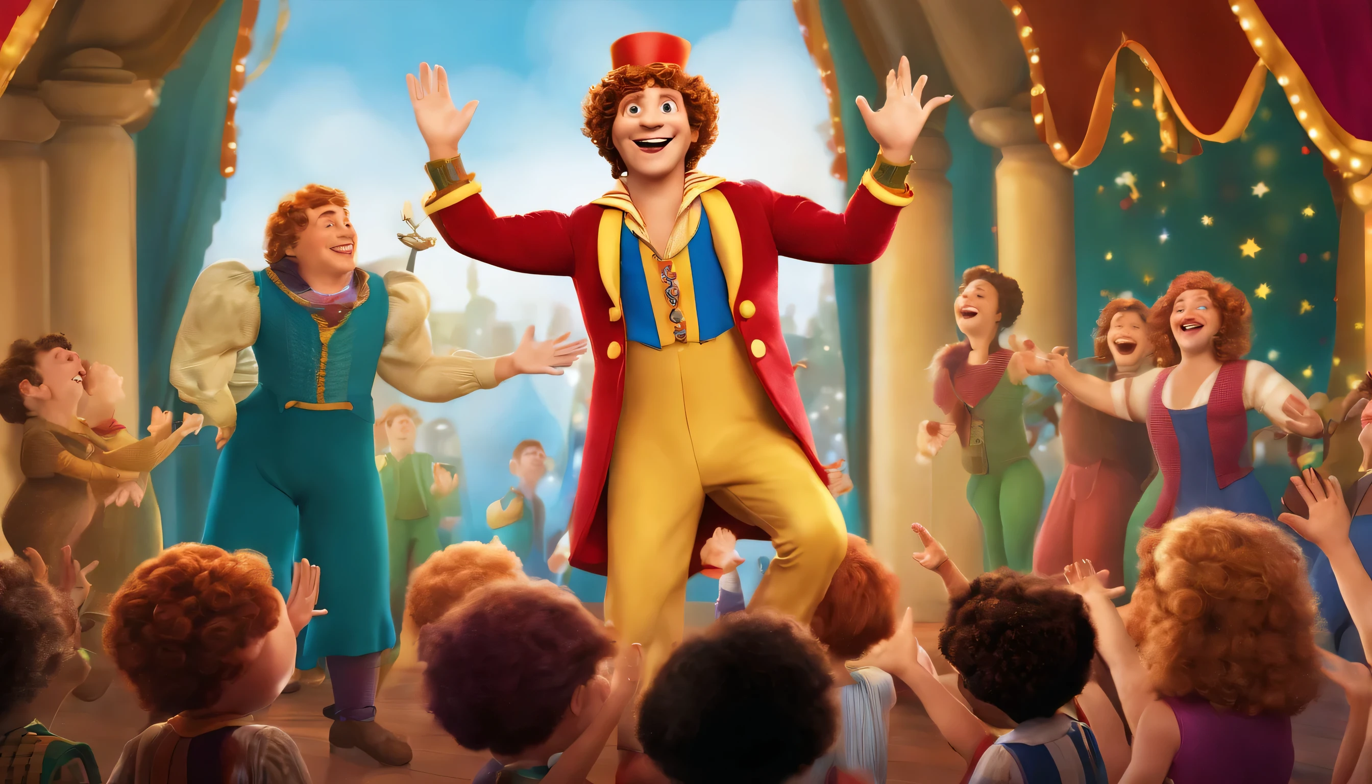 Pippin is on stage, holding a microphone, and delivering a funny joke with animated facial expressions.
Pippin has a wide, friendly grin, rosy cheeks, and bright, expressive eyes.
Pippin is dressed in a vibrant outfit with polka dots and stripes, similar to the appearance in prompt one.
Pippin does not have a beard, and his hair is curly, covering his ears and neck.
Pippin is not wearing a clown cap.
The audience, consisting of both children and adults, is depicted laughing and clapping with joy.
The stage is well-lit, with colorful spotlights highlighting Pippin's energetic performance.
This should address the differences and bring consistency to Pippin's appearance. Feel free to use this updated prompt for generating images. If you have any more adjustments or specific details, please let me know!