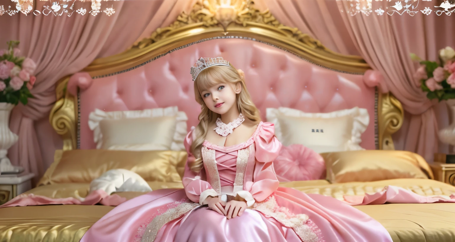 ,highest quality, masterpiece, highest resolution, artwork, super それにget used to it, many get used to it, get used to it, それにget used to it, 3K realistic photos,,(( When I )),Super detailed baby face,She isss,Full length ball gown dress with hoop skirt,ruffled yoke collar,puff sleeves,long sleeve,((Lolita style hot pink detailed princess satin dress、Comes with lots of frills and ribbons。)),colorful rococo fashion,shiny satin dress,Soft and smooth fabric,luxury,long blonde hair,blue eyes,white skin european,pajamas,((inside the palace)),,,(( When I was 10 years old)),Super ce,Full length ball gown dress witirt,long skirt,ruffled yoke collar,puff sleeves,腰まで伸びるlong blonde hair,blue eyes,white skin european,pajamas,((inside the palace bedroom)),ピンクのシルクサテンのluxuryなcanopy bedの上,canopy bed,Luxury curtains on both sides of the bed,many frilly pillows on the bed,super detailed background,Detailed bed,silk satin bed sheets,soft silk satin comforter,Soft silk satin ruffled pillow in pastel colors,romantic atmosphere,little princess is sitting on the bed,Don'Don't put your feet out to the side,Beautiful girl illustration,detailed beautiful face detailed hair,detailed human eye ,detailed mouth, arm details,fine hands,Detailed pillow,