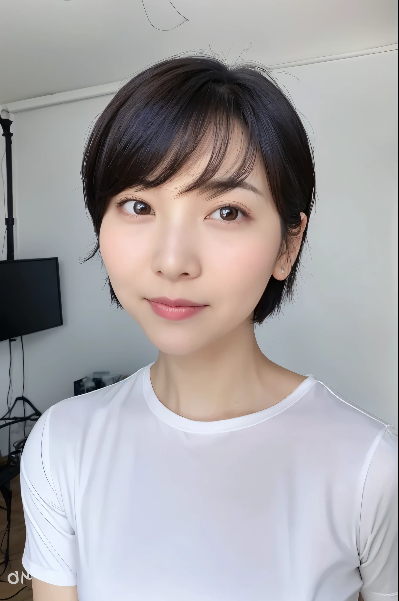 Female in her 30s, very short hair, Face without makeup, silky white skin, sexy, thin waist, navy blue T-Shirt, white wall in background
