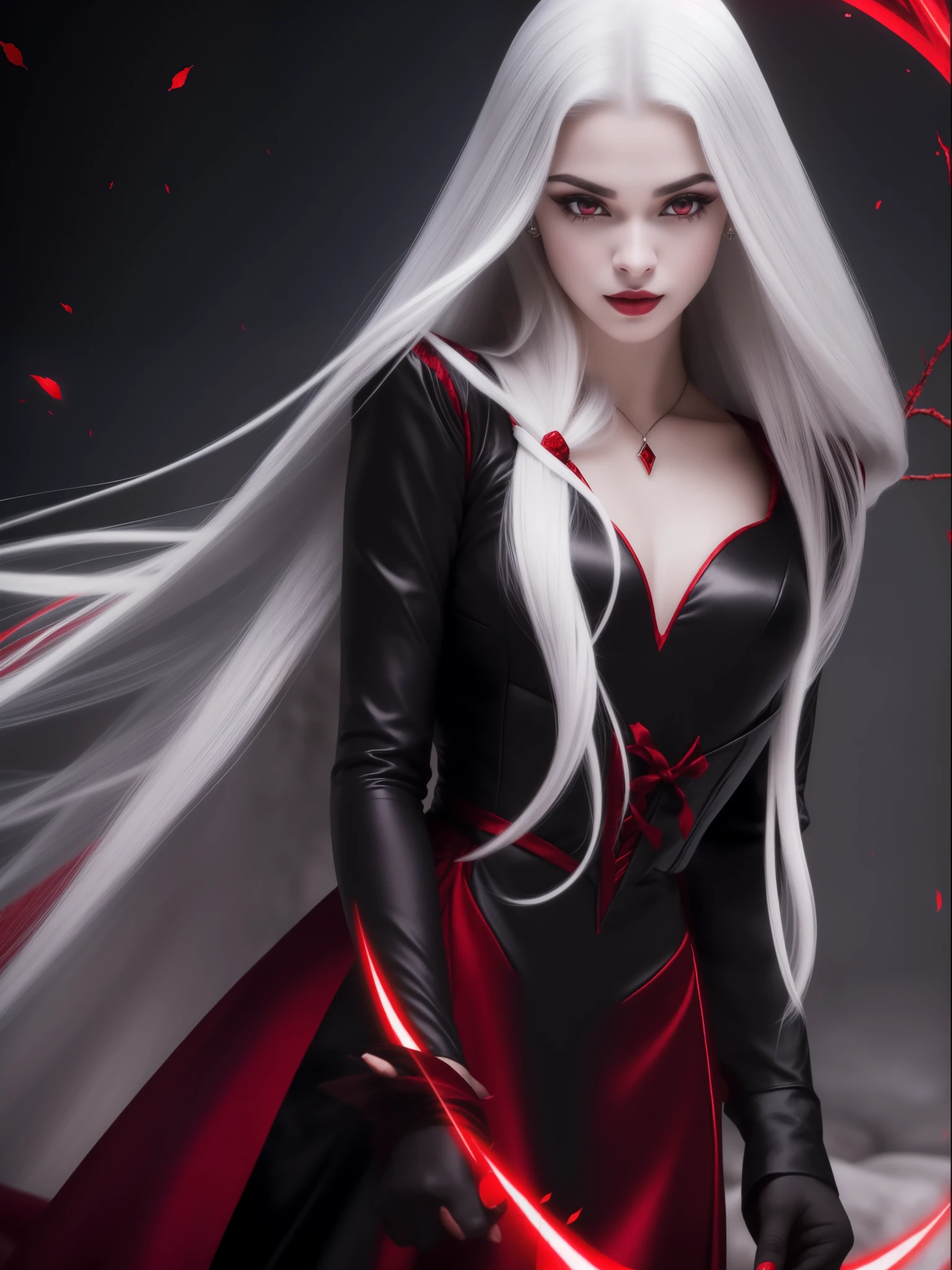 (vampiro、(pele clara)、(Pele branca como a neve)、Cabelo prateado cabelo longo、(olhos brilhando em vermelho)、pupilas vermelhas、olhos dourados、ruthless gaze、Vestido preto jato、Bela figura、Estilo Perfeito)、chama vermelha