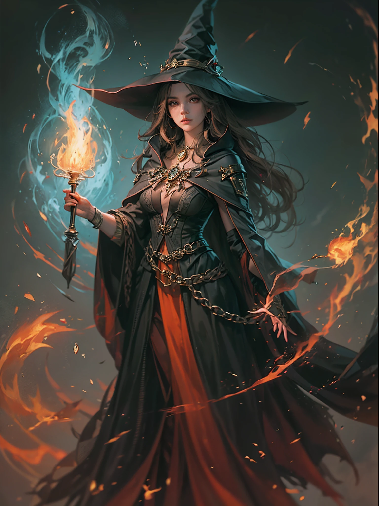 Vestida com uma fantasia de bruxa segurando uma varinha brilhante, Maga Feminina conjuring a spell, dark fantasy Maga Feminina, retrato de feiticeira feminina, Beautiful Female Sorceress, Maga Feminina, Mago de Fogo Feminino, personagem mago de fogo