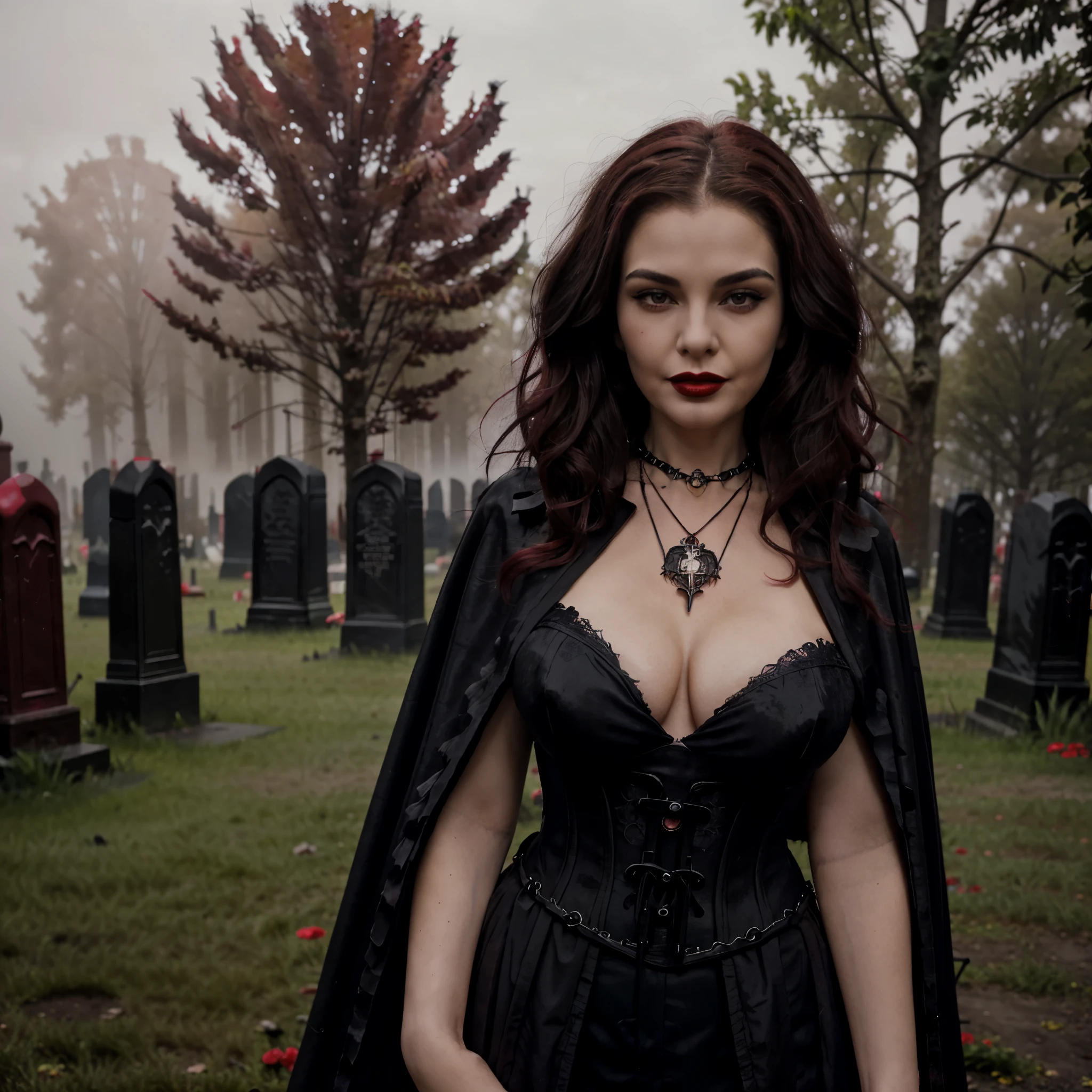 Beautiful 20 year old woman, large tits, with short messy wavy pink hair, wearing a red corset with black accents and black cloak, standing in a foggy cemetery at night, (red lipstick:1.5), realistic skin texture, (cross necklace:1.2), (looking at camera:1.3), (Gothic Art:1.4), photo realistic, 8k