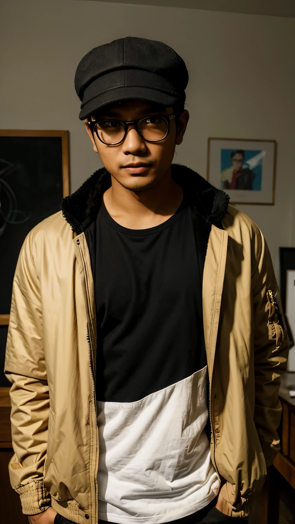 A 27 year old young man from Indonesia, wearing glasses, wearing an artist's hat, wearing a jacket.
