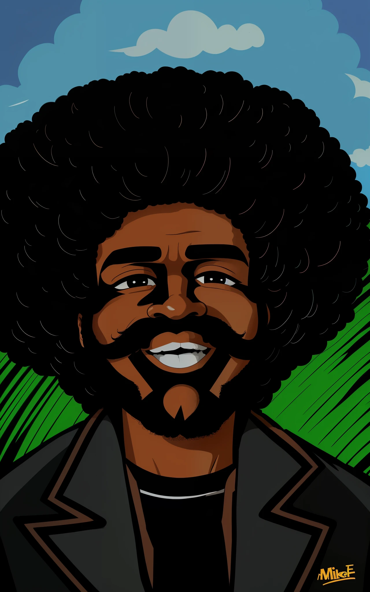 painting of a man with a beard and a jacket on, black man with afro hair, , mike judge art style,  cartoon portrait,, dan decarlo art style