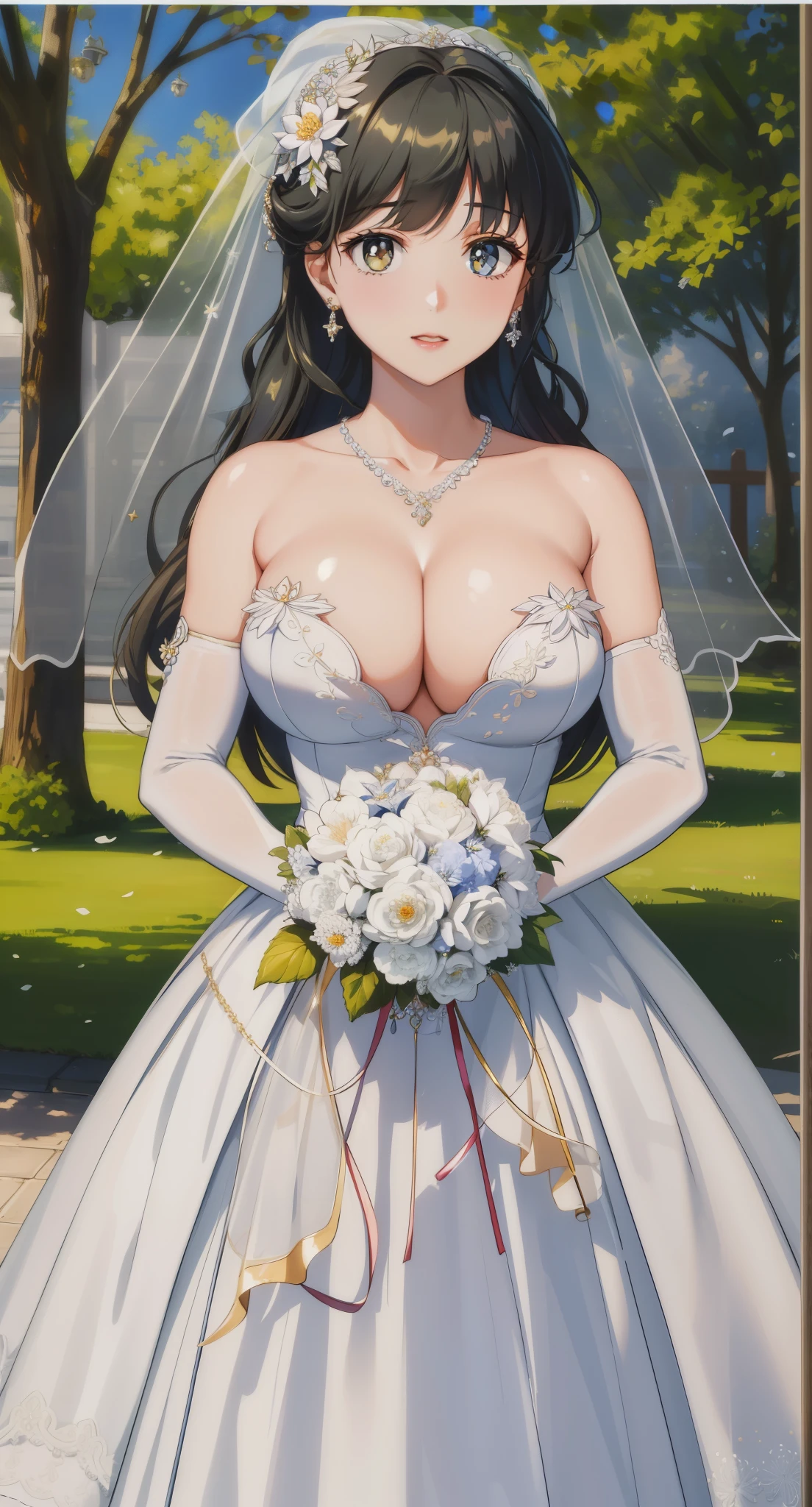 lifelike, (hyper-realistic:1.2), (Extremely detailed CG unified 8k wallpaper), (Super detailed), masterpiece, best quality, 1 girl, moonlight,  
1 girl, 20 years old,young women,Close-up of beautiful bride wearing beautiful bridal dress,Guwitz,（Transparent short veil：1.5），Blushed，Head flower，headgear，（bandeau wedding dress：1.5），（Silk dress：1.2）,（Strapless wedding dress：1.5）,pure white dress，necklace，earrings，(large breasts:1.3)，Deep V peach heart collar wedding dress，through bangs，lipstick，（lace gloves：1.3),