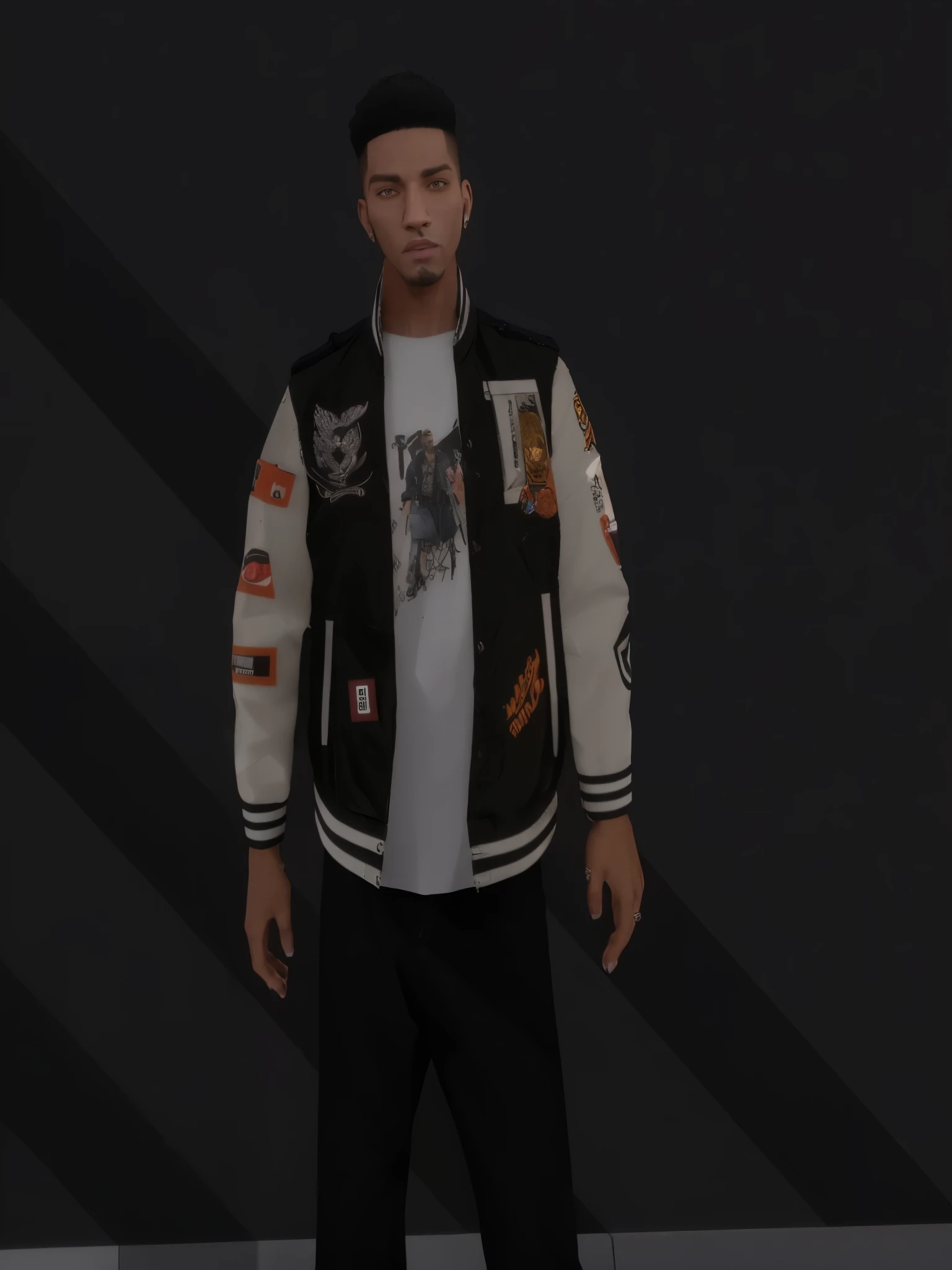arafed image of a man in a jacket and jeans, 3 d render of jerma 9 8 5, mechanic punk outfit, in style of tyler mitchell, realism artstyle, 2 k aesthetic, in game, imvu, wearing jacket, inspired by Randy Vargas, gta artstyle, highdetailed, highly detailed character, in style of davey adesida