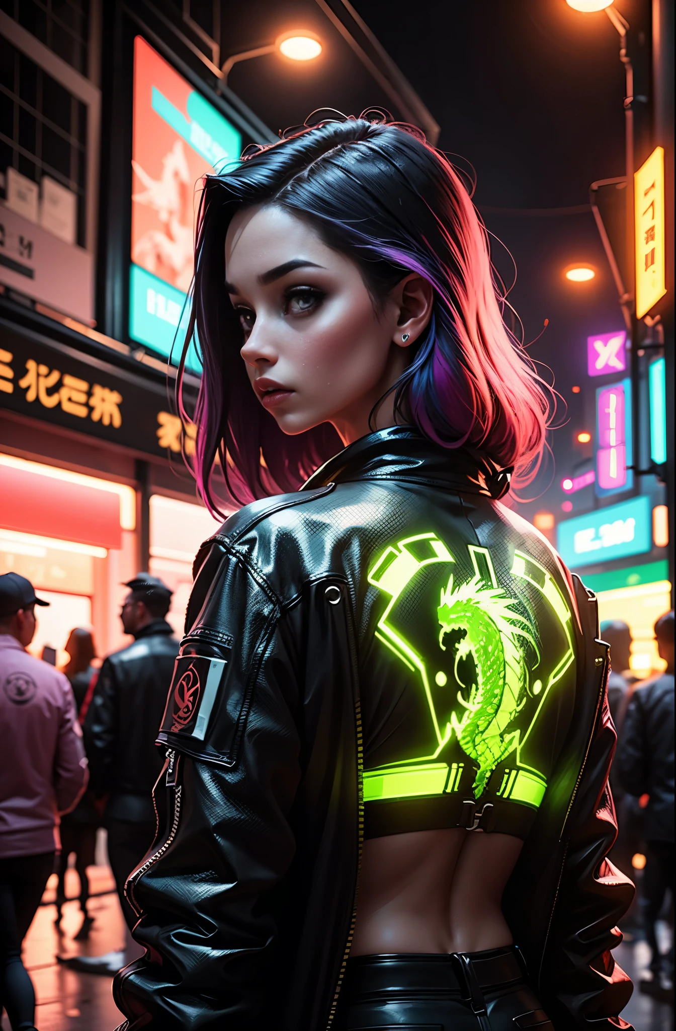 garota de costas, sem camisa, vibrant colors hair, looking behind, dragon tattoo on the back, imagem estilo cyberpunk, luzes neon, alta qualidade, ultra 8k