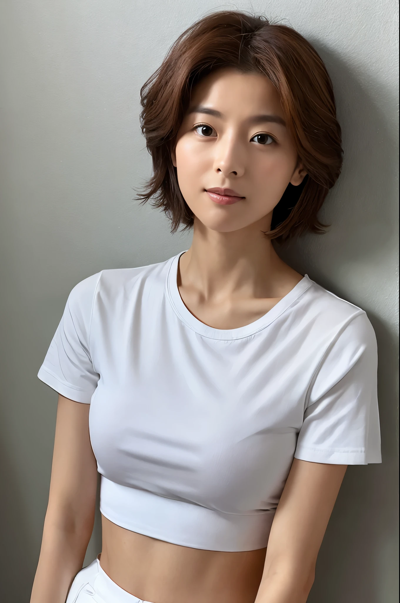 Female in her 30s, very short hair, Face without makeup, silky white skin, sexy, thin waist, white T-Shirt, white wall in background