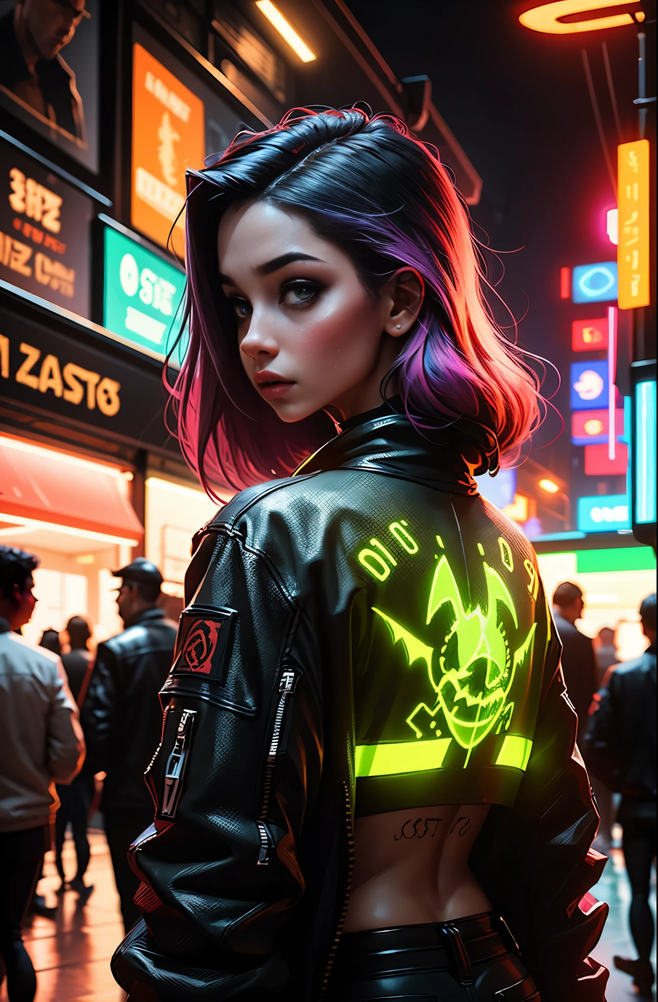 garota de costas, sem camisa, vibrant colors hair, looking behind, dragon tattoo on the back, imagem estilo cyberpunk, luzes neon, alta qualidade, ultra 8k