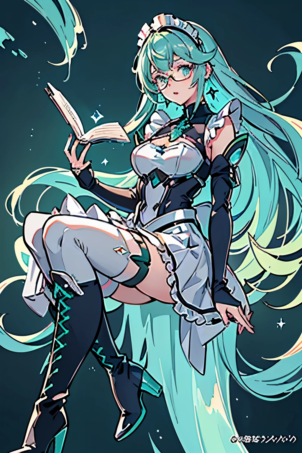 Anime, Girl, (((1girl))), (((Waifu, Xenoblade Chronicles 2, Pneuma Waifu))), (((Seafoam Green Hair, Long Hair))), ((Seafoam Green Eyes eyes:1.3, Upturned Eyes: 1, Perfect Eyes, Beautiful Detailed Eyes, Gradient eyes: 1, Finely Detailed Beautiful Eyes: 1, Symmetrical Eyes: 1, Big Highlight On Eyes: 1.2)), (((Lustrous Skin: 1.5, Bright Skin: 1.5, Skin Fair, Shiny Skin, Very Shiny Skin, Shiny Body, Plastic Glitter Skin, Exaggerated Shiny Skin, Illuminated Skin))), (Detailed Body, (Detailed Face)), Young, Idol Pose, (Best Quality), ((((Techwear))), (((Maid Outfit))), (((Frilly Headpiece))), (((Frilly Shoulders))), (((Long Skirt, Frilly Skirt))), (((Thigh-high Heeled Boots))), (((Reading Glasses))), (((Earrings)))), High Resolution, Sharp Focus, Ultra Detailed, Extremely Detailed, Extremely High Quality Artwork, (Realistic, Photorealistic: 1.37), 8k_Wallpaper, (Extremely Detailed CG 8k), (Very Fine 8K CG), ((Hyper Super Ultra Detailed Perfect Piece)), (((Flawlessmasterpiece))), Illustration, Vibrant Colors, (Intricate), High Contrast, Selective Lighting, Double Exposure, HDR (High Dynamic Range), Post-processing, Background Blur