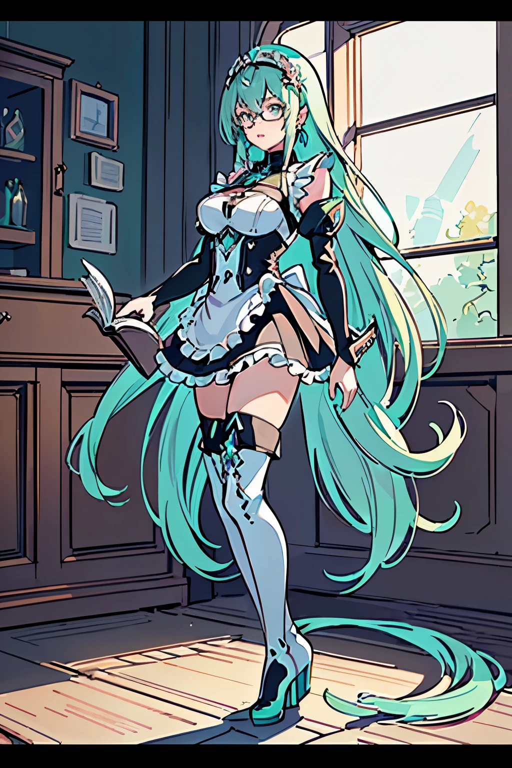 Anime, Girl, (((1girl))), (((Waifu, Xenoblade Chronicles 2, Pneuma Waifu))), (((Seafoam Green Hair, Long Hair))), ((Seafoam Green Eyes eyes:1.3, Upturned Eyes: 1, Perfect Eyes, Beautiful Detailed Eyes, Gradient eyes: 1, Finely Detailed Beautiful Eyes: 1, Symmetrical Eyes: 1, Big Highlight On Eyes: 1.2)), (((Lustrous Skin: 1.5, Bright Skin: 1.5, Skin Fair, Shiny Skin, Very Shiny Skin, Shiny Body, Plastic Glitter Skin, Exaggerated Shiny Skin, Illuminated Skin))), (Detailed Body, (Detailed Face)), Young, Idol Pose, (Best Quality), ((((Techwear))), (((Maid Outfit))), (((Frilly Headpiece))), (((Frilly Shoulders))), (((Long Skirt, Frilly Skirt))), (((Thigh-high Heeled Boots))), (((Reading Glasses))), (((Earrings)))), High Resolution, Sharp Focus, Ultra Detailed, Extremely Detailed, Extremely High Quality Artwork, (Realistic, Photorealistic: 1.37), 8k_Wallpaper, (Extremely Detailed CG 8k), (Very Fine 8K CG), ((Hyper Super Ultra Detailed Perfect Piece)), (((Flawlessmasterpiece))), Illustration, Vibrant Colors, (Intricate), High Contrast, Selective Lighting, Double Exposure, HDR (High Dynamic Range), Post-processing, Background Blur