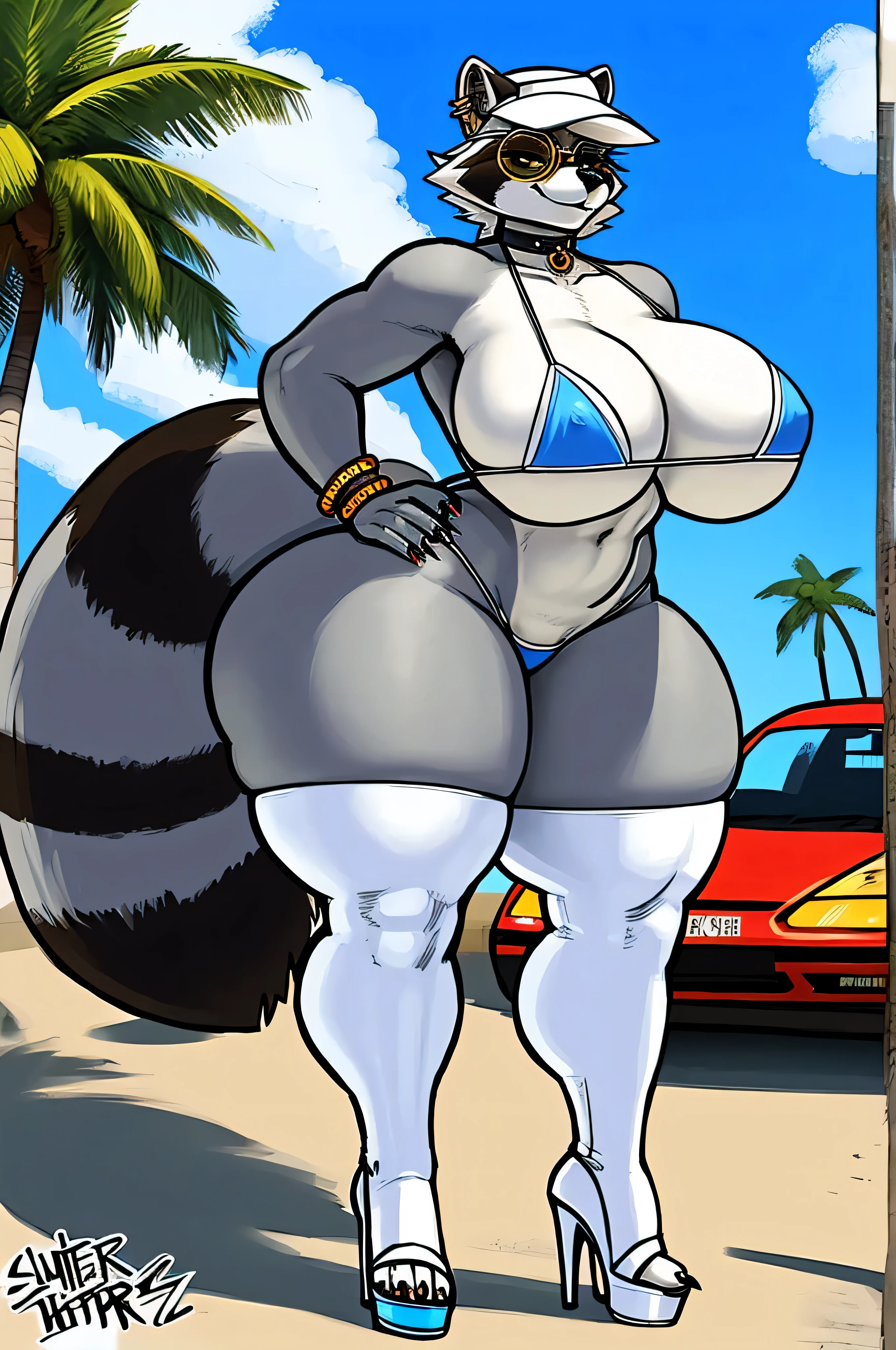 by sligarthetiger, (large breasts), (wide hips), (thick thighs), (big butt), (tall), (amazon), furry, anthro, raccoon, white high heels, best quality, illustration, tail, white car, car meet, white bikini, white inner ear, white thigh high heels, smirk, choker, race flag, toes, palm tree, white platform heels, wink, claws, grey body, piercings, white hat, hair, round glasses, body accessories,