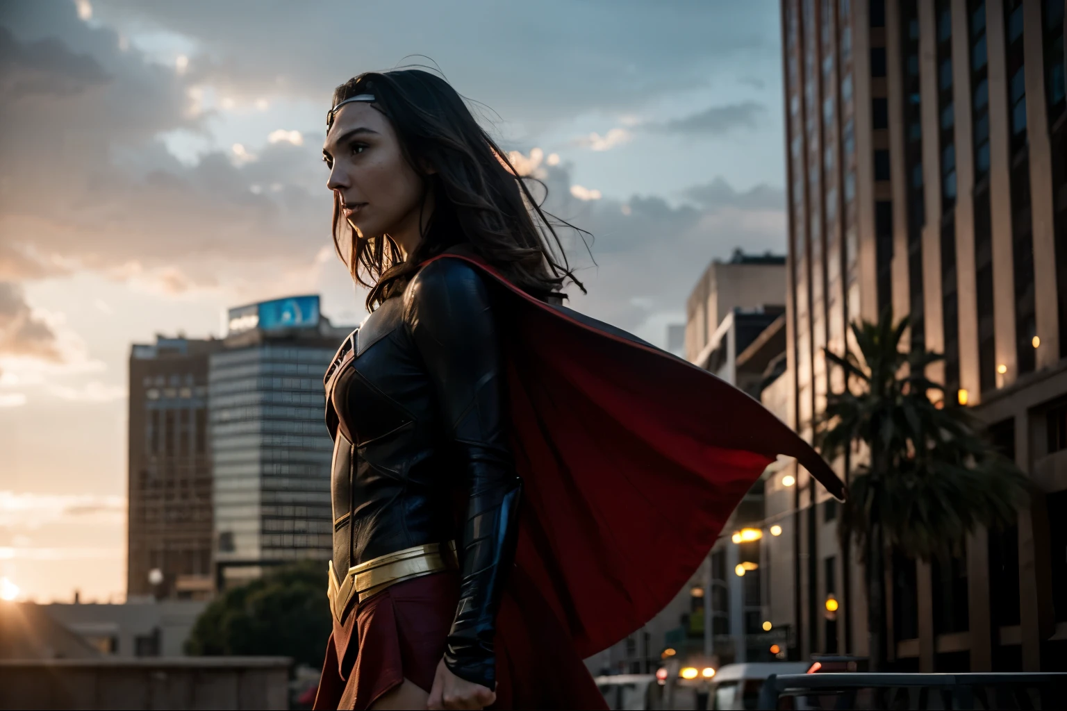 gal gadot, long brown hair, supergirl, floating with your cape front a building, serious look, front view, photorealistic portrait, dramatic, cinematic, overcast, side angle, 4k resoltion, hyperdetailed, extremely detailed scene