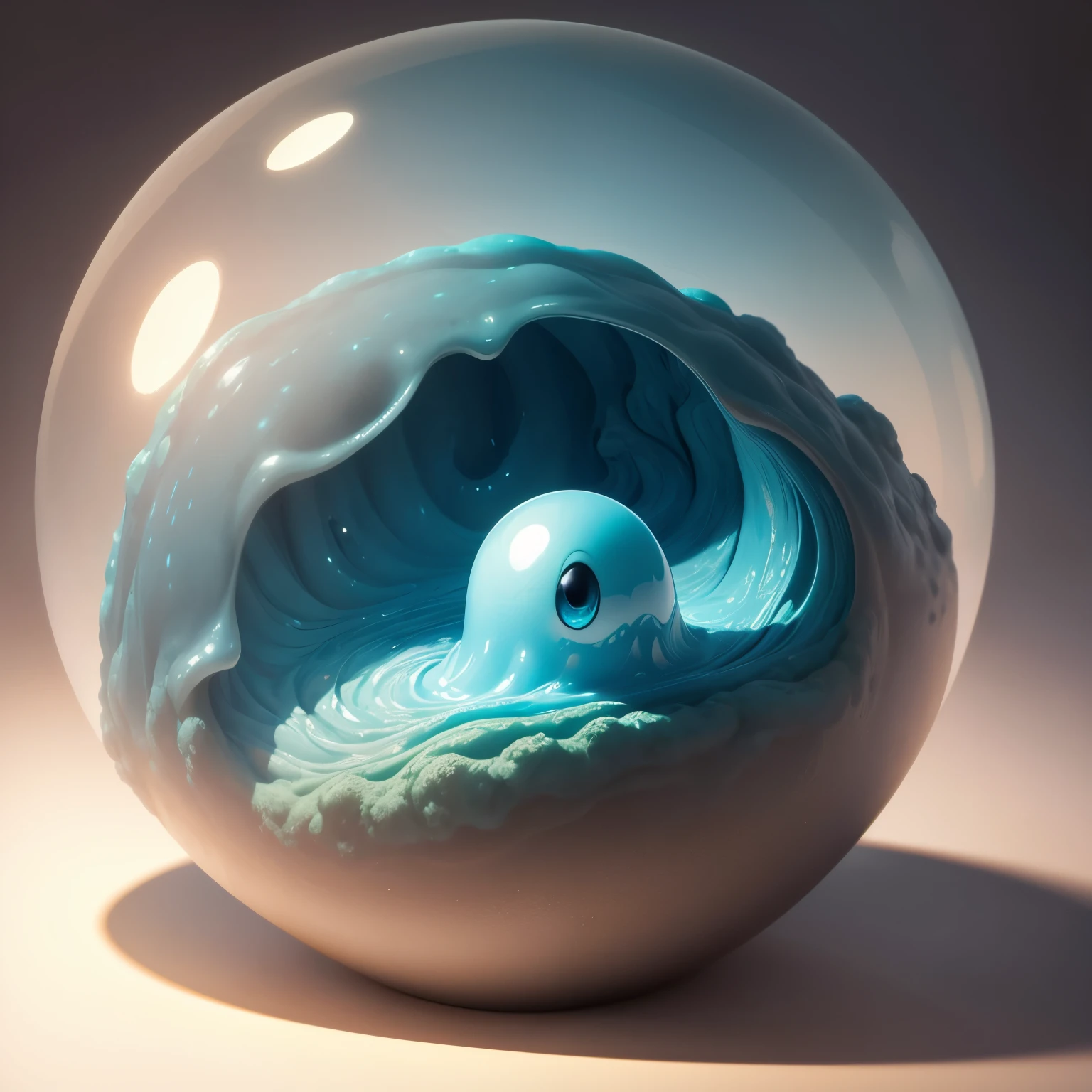 no-human,A translucent globular creature, depicted. It has a liquid-like appearance and is characteristically amorphous. The artist has captured the essence of this unique creature with precise and careful strokes, bringing it to life on the canvas. The painting exudes a sense of otherworldliness and curiosity, inviting the viewer to explore the mysterious world of the slime,completing the stable diffusion of serenity and contentment,masterpiece, best quality