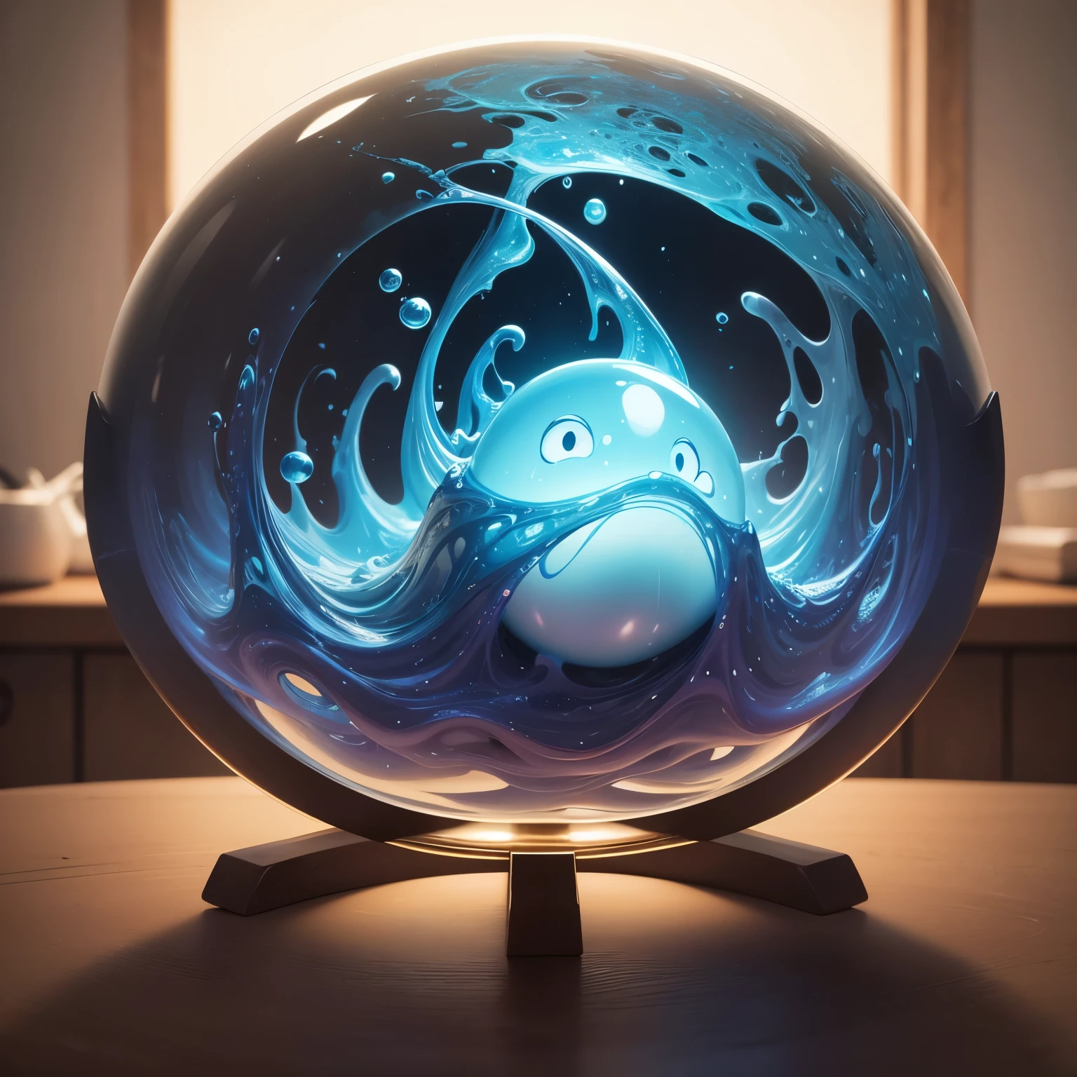 no-human,A translucent globular creature, depicted. It has a liquid-like appearance and is characteristically amorphous. The artist has captured the essence of this unique creature with precise and careful strokes, bringing it to life on the canvas. The painting exudes a sense of otherworldliness and curiosity, inviting the viewer to explore the mysterious world of the slime,completing the stable diffusion of serenity and contentment,masterpiece, best quality