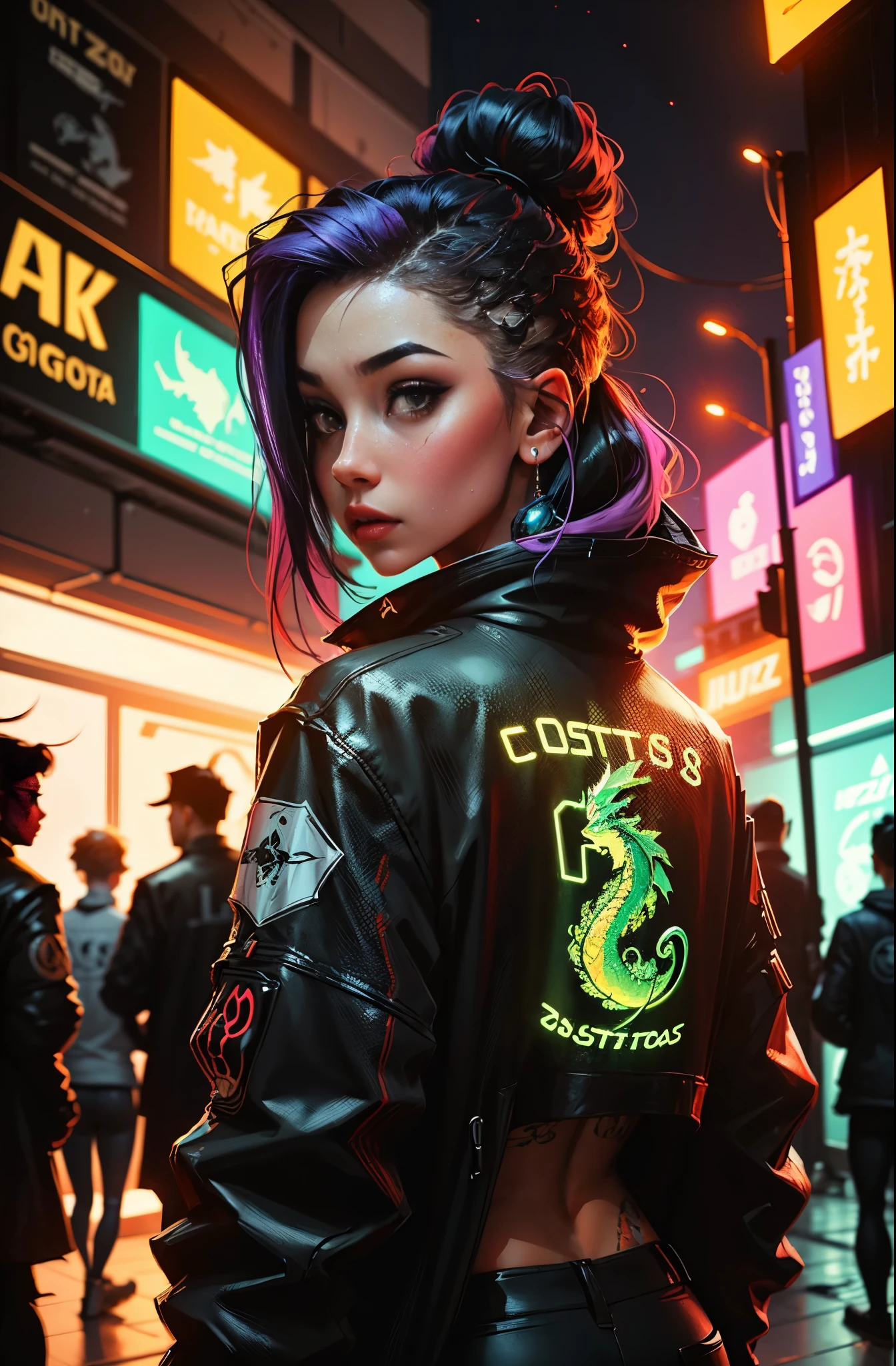 garota de costas, sem camisa, vibrant colors hair, looking behind, dragon tattoo on the back, imagem estilo cyberpunk, luzes neon, alta qualidade, ultra 8k