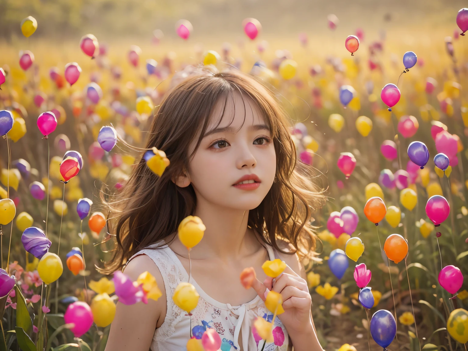 One for a girl, single, zoo, many balloons, happy, happy, perfect quality, clear focus (clutter - home: 0.8), (masterpiece: 1.2) (realistic: 1.2) (bokeh) (best quality) (detailed skin: 1.3) (complex details) (8K) (detail eyes) (sharp focus), (happy)