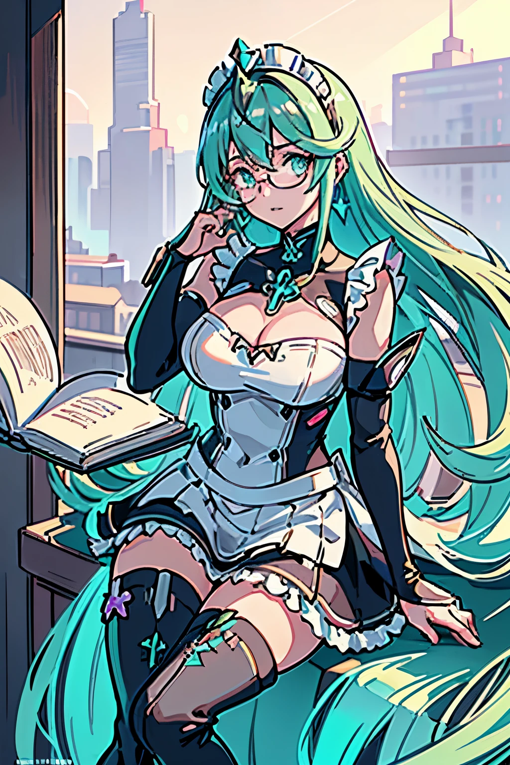 Anime, Girl, (((1girl))), (((Waifu, Xenoblade Chronicles 2, Pneuma Waifu))), (((Seafoam Green Hair, Long Hair))), ((Seafoam Green Eyes eyes:1.3, Upturned Eyes: 1, Perfect Eyes, Beautiful Detailed Eyes, Gradient eyes: 1, Finely Detailed Beautiful Eyes: 1, Symmetrical Eyes: 1, Big Highlight On Eyes: 1.2)), (((Lustrous Skin: 1.5, Bright Skin: 1.5, Skin Fair, Shiny Skin, Very Shiny Skin, Shiny Body, Plastic Glitter Skin, Exaggerated Shiny Skin, Illuminated Skin))), (Detailed Body, (Detailed Face)), Young, Idol Pose, (Best Quality), ((((Techwear))), (((Maid Outfit))), (((Frilly Headpiece))), (((Frilly Shoulders))), (((Long Skirt, Frilly Skirt))), (((Thigh-high Heeled Boots))), (((Reading Glasses))), (((Earrings)))), High Resolution, Sharp Focus, Ultra Detailed, Extremely Detailed, Extremely High Quality Artwork, (Realistic, Photorealistic: 1.37), 8k_Wallpaper, (Extremely Detailed CG 8k), (Very Fine 8K CG), ((Hyper Super Ultra Detailed Perfect Piece)), (((Flawlessmasterpiece))), Illustration, Vibrant Colors, (Intricate), High Contrast, Selective Lighting, Double Exposure, HDR (High Dynamic Range), Post-processing, Background Blur