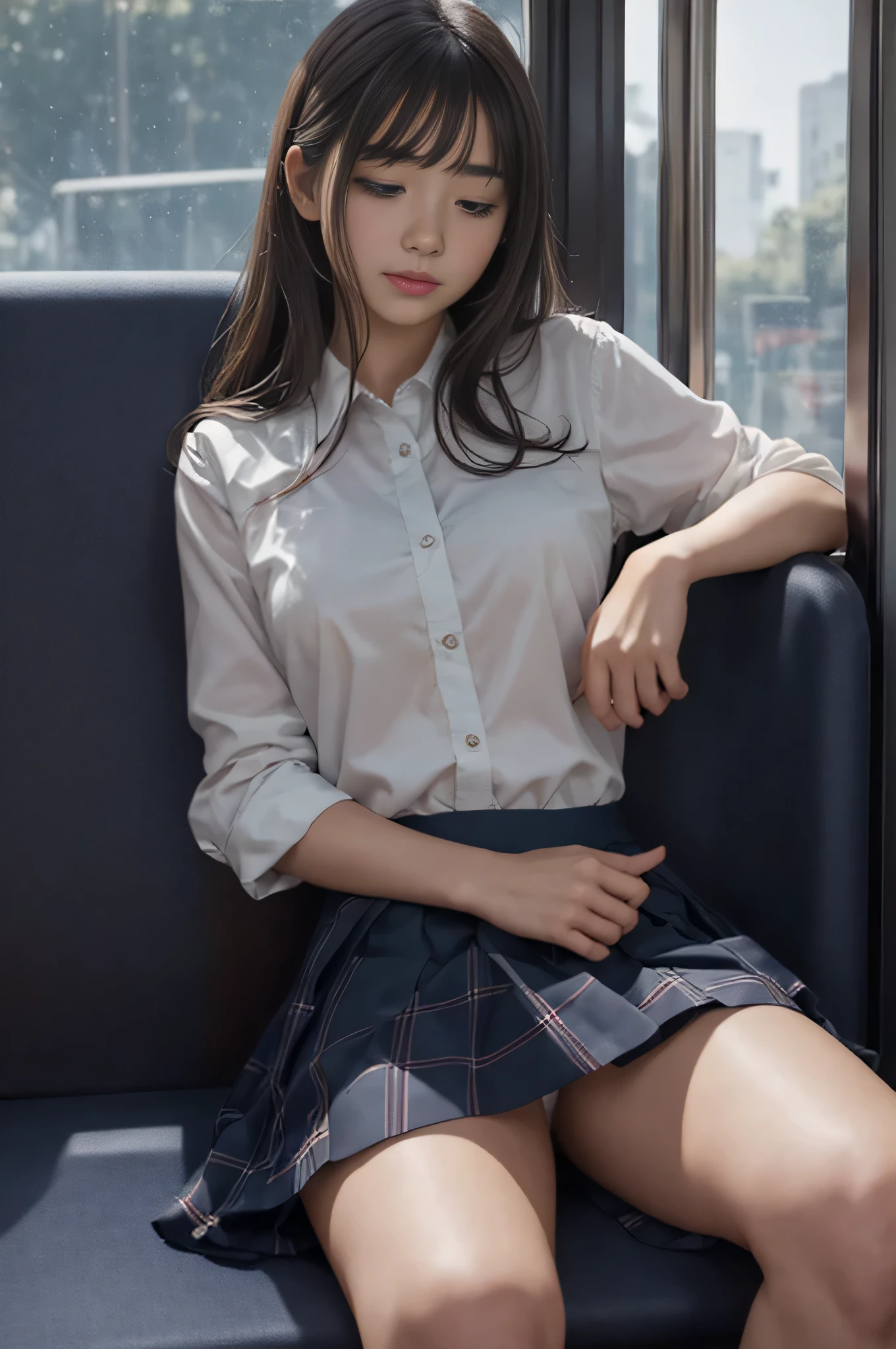 {{8K,to be born}},(realistic:1.3), face with shadow, Depth of written boundary, 学to be born服,
,great art,(((very detailed))),
{1 girl sitting,bangs,女子高to be born},{sleep,close your eyes},{white panties,skirt},
cowboy shot,from before
,(((very detailed))),in the train, a young woman is sleep contentedly. Through the gap between her legs and skirt, I can see her panties. Because the car is shaking, Calm facial expressions and gentle breathing create a calm atmosphere....
,(((very detailed)))