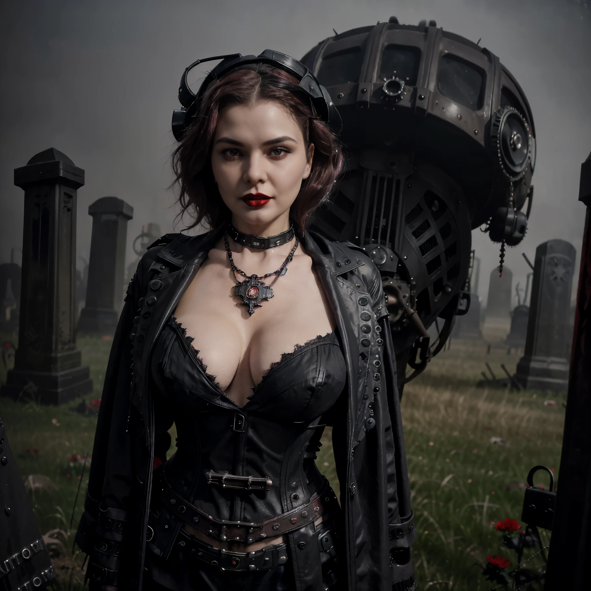 Beautiful 20 year old woman, large tits, with short messy wavy pink hair, wearing a red corset with black accents and black cloak, standing in a foggy cemetery at night, (red lipstick:1.5), realistic skin texture, (cross necklace:1.2), (looking at camera:1.3), (Dieselpunk and Gothic Art:1.4), photo realistic, 8k