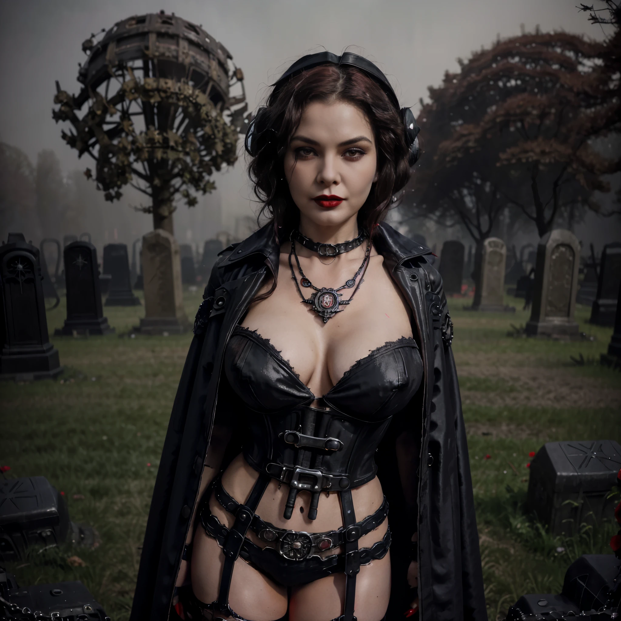 Beautiful 20 year old woman, large tits, with short messy wavy pink hair, wearing a red corset with black accents and black cloak, standing in a foggy cemetery at night, (red lipstick:1.5), realistic skin texture, (cross necklace:1.2), (looking at camera:1.3), (Dieselpunk and Gothic Art:1.4), photo realistic, 8k