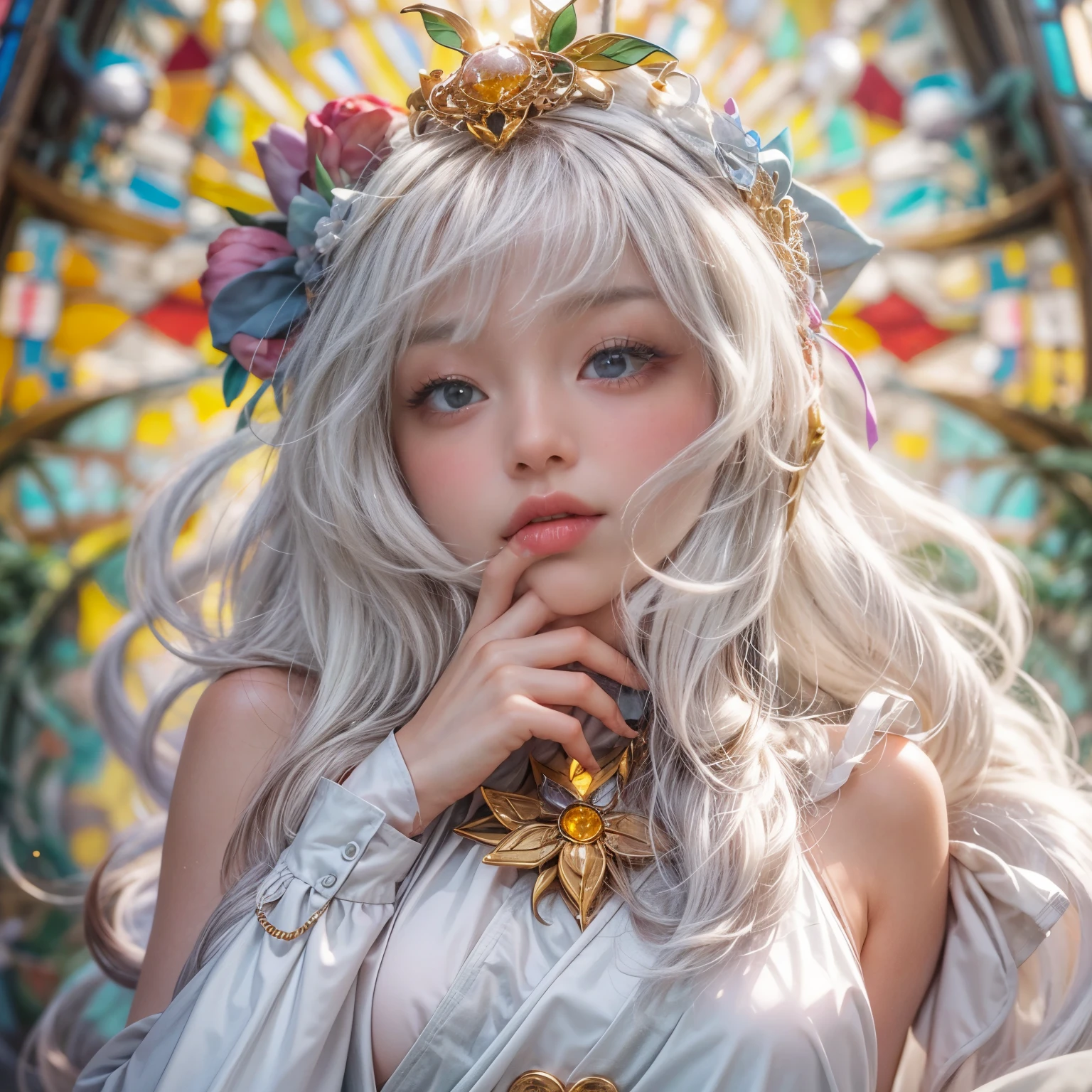 KAWAII girl in ((WHITE loose opened uniform)), with Glossy RED lips, (Exposed:0.7), (nipple:-1), { Extremely closeup | Dynamic-angle }, ((Dazzling stained glass Background)), (( colorful Light pours down from stunning elaborate stained glass:1.2)), vivid Red colors . ((Acutance:0.8, physically-based 3D rendering with Volumetric lighting)), (masterpiece:1.2), (ultra-detailed:1.35), (realistic, photorealistic, ((photo-realistic:1.37))with touch of rawness) . ((Renbutsu Misako)), (Extremely detailed KAWAII face variations, with Dynamic expressions),  detailed eyes with sparkling highlights, captivating gaze, long eyelashes, subtle blush on the face, rosy cheeks, impeccable ivory skin texture . { full of flowers covering girl's body | Mystic sight | God rays | haze | Light Particle | Luminous Particle | Lens Flare | A Halo in the air | Overflowing underboob | Button Undoned } . (((Unaligned fingers:-0.9))) .