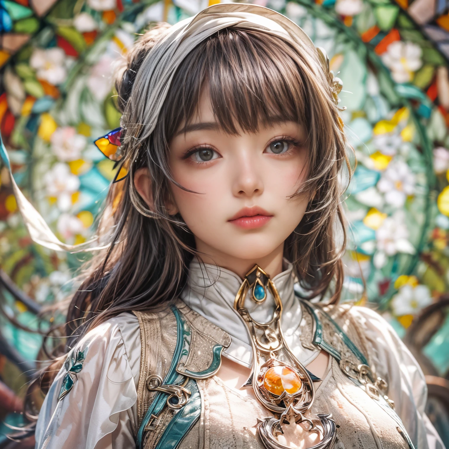 KAWAII girl in ((WHITE loose opened uniform)), with Glossy RED lips, (Exposed:0.7), (nipple:-1), { Extremely closeup | Dynamic-angle }, ((Dazzling stained glass Background)), (( colorful Light pours down from stunning elaborate stained glass:1.2)), vivid Red colors . ((Acutance:0.8, physically-based 3D rendering with Volumetric lighting)), (masterpiece:1.2), (ultra-detailed:1.35), (realistic, photorealistic, ((photo-realistic:1.37))with touch of rawness) . ((Renbutsu Misako)), (Extremely detailed KAWAII face variations, with Dynamic expressions), detailed eyes with sparkling highlights, captivating gaze, long eyelashes, subtle blush on the face, rosy cheeks, impeccable ivory skin texture . { full of flowers covering girl's body | Mystic sight | God rays | haze | Light Particle | Luminous Particle | Lens Flare | A Halo in the air | Overflowing underboob | Button Undoned } . (((Unaligned fingers:-0.9))) .