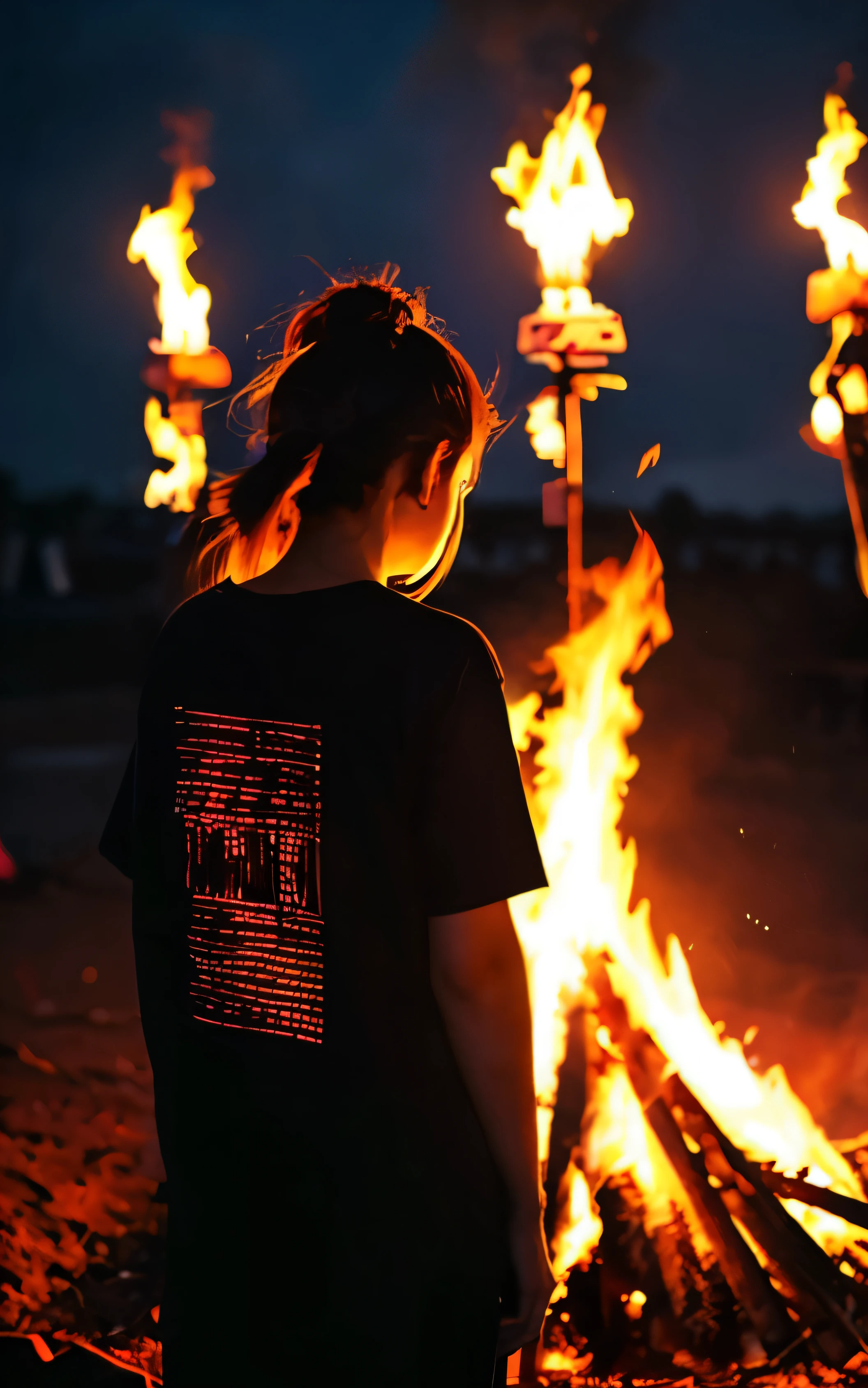 Rear view,beautiful posture,printed on the back,black t-shirt,bonfire,I can't see my face,half up,beautiful night light,The text is printed in the same color as the flame,neat woman,nice,