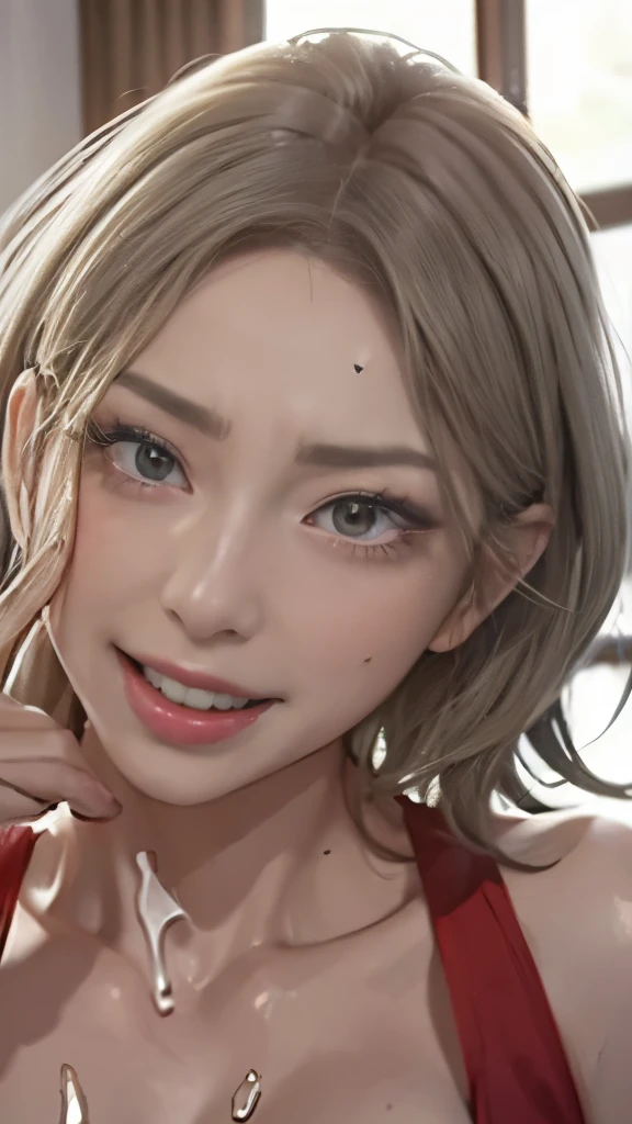 we say,(short wavy hair:1.1)toiletでひざまずく,curved body,excess semen,student of the heart,sweaty,(Red Elegant Dress),(happy and excited:1.4),toiletの個室で,toilet,bukkake head,,cum in hair,Bukkake on the face,(mole under eye),eyeliner,eyelash,face focus