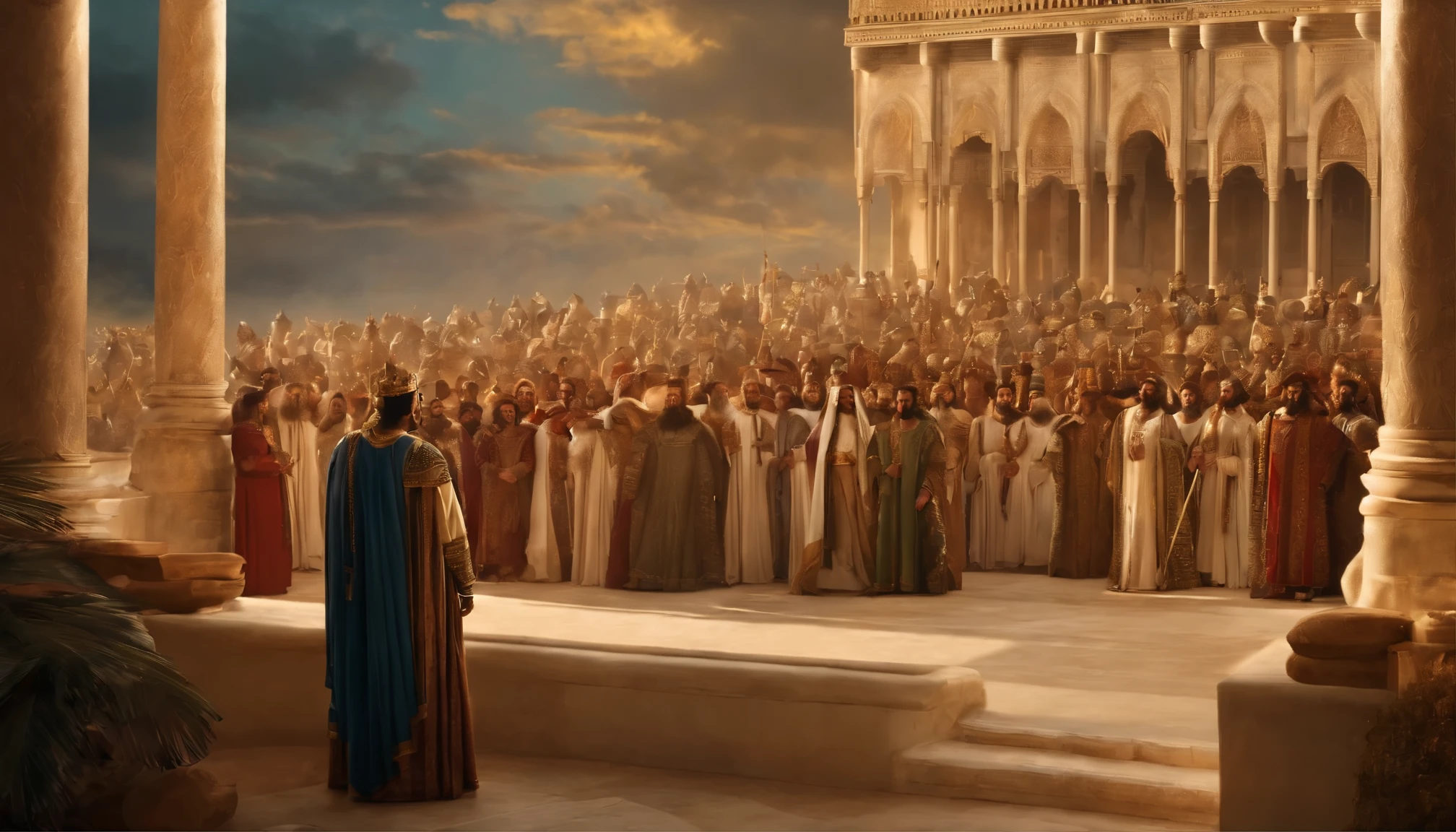 King Solomon, on the balcony of his palace, in splendor, commanding his gigantic army, seen from afar, cinematic, realistic