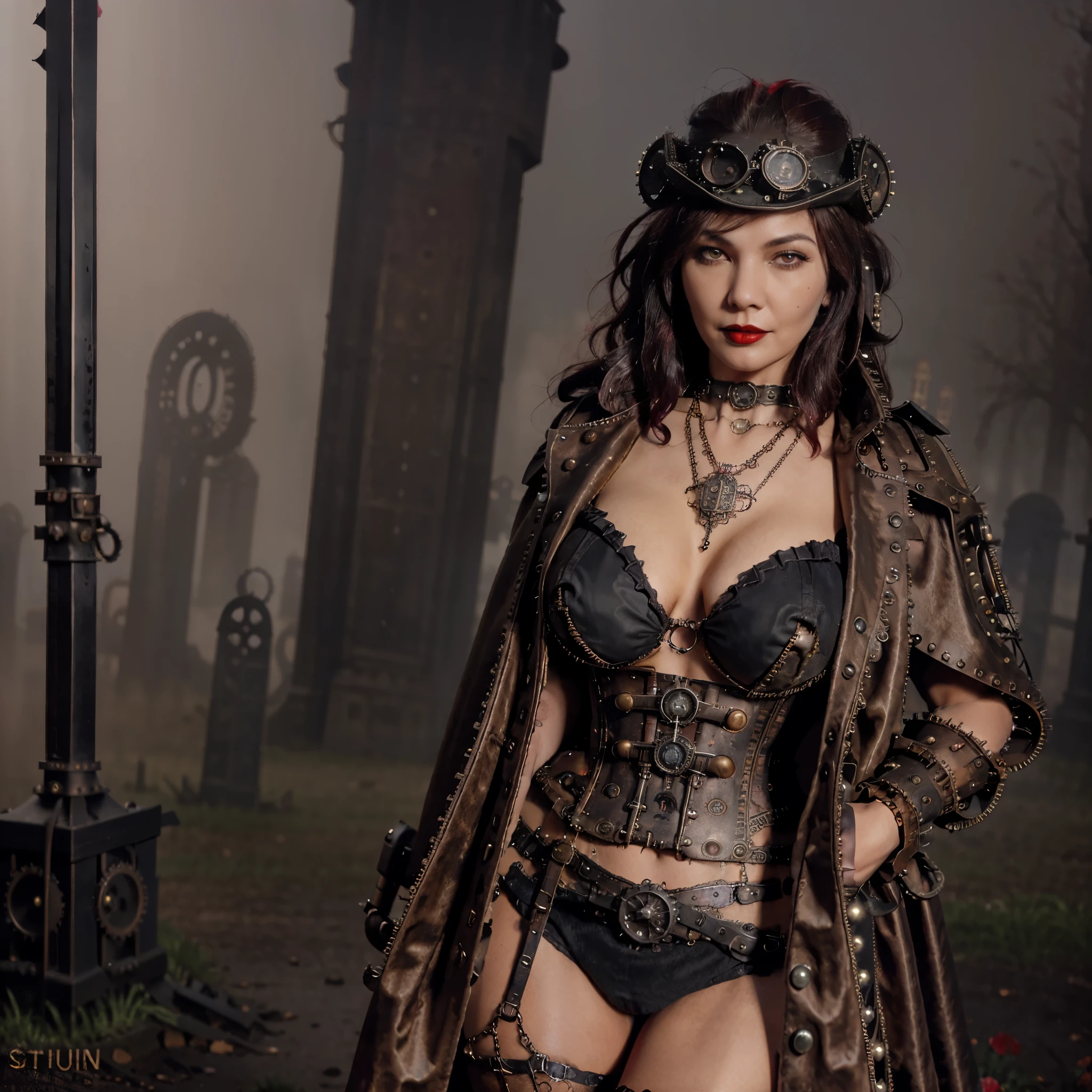 Beautiful 20 year old woman, large tits, with short messy wavy pink hair, wearing a red corset with black accents and black cloak, standing in a foggy cemetery at night, (red lipstick:1.5), realistic skin texture, (cross necklace:1.2), (looking at camera:1.3), (Steampunk and Gothic Art:1.4), photo realistic, 8k