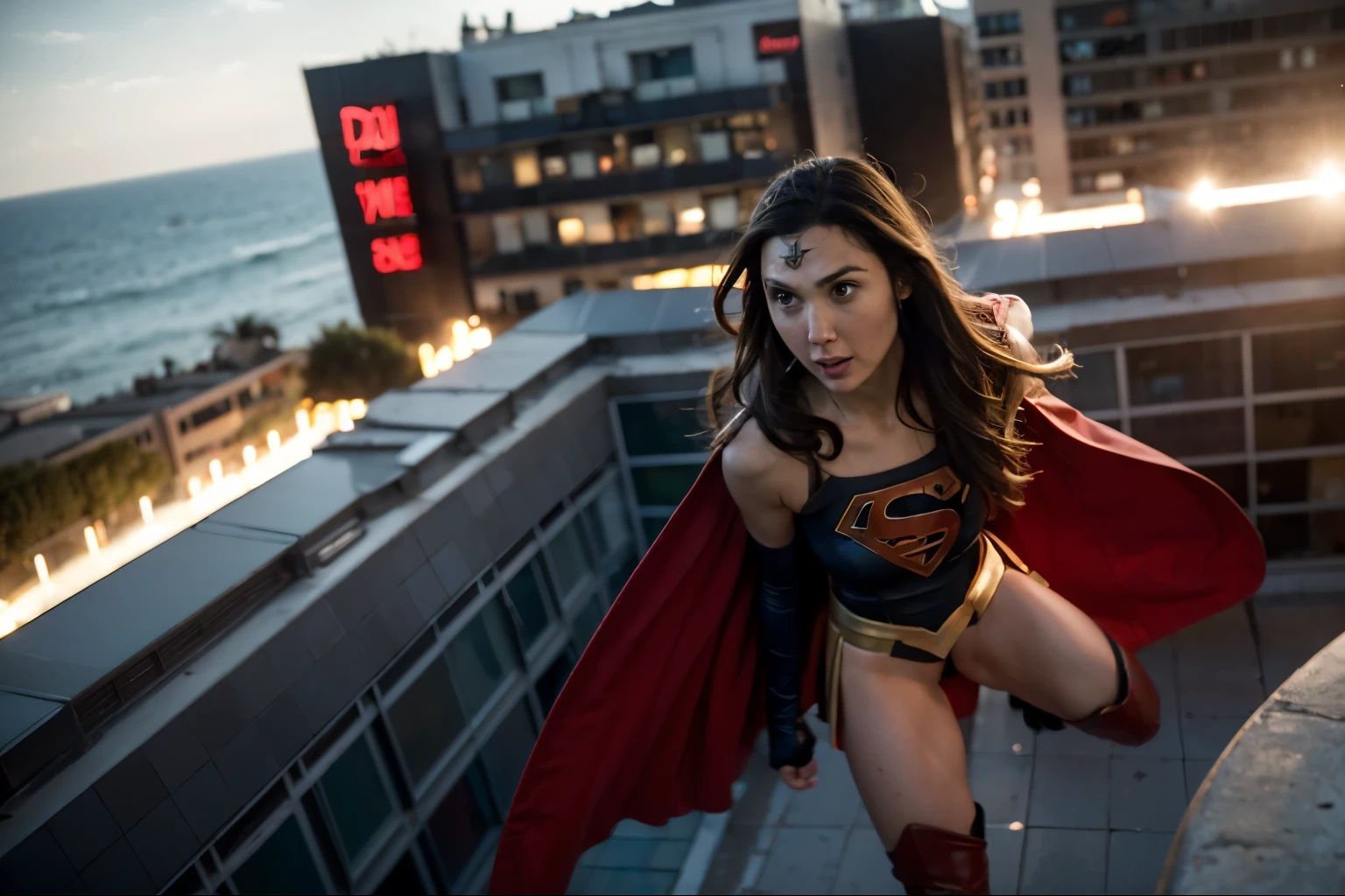 gal gadot, long brown hair, supergirl, floating with your cape front a building, serious look, front view, photorealistic portrait, dramatic, cinematic, overcast, bird eye view, 4k resoltion, hyperdetailed, extremely detailed scene3