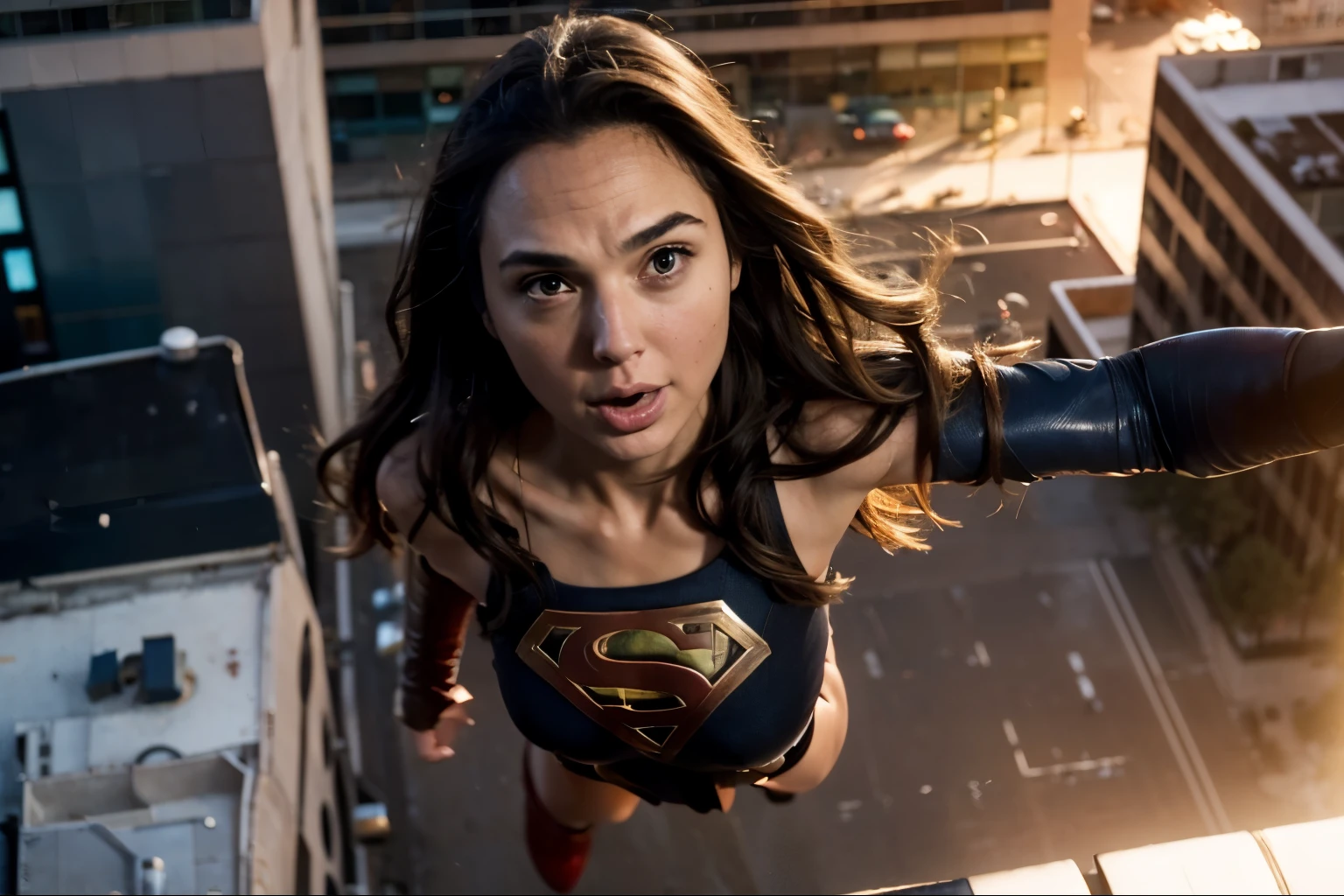 gal gadot, long brown hair, supergirl, floating with your cape front a building, serious look, front view, photorealistic portrait, dramatic, cinematic, overcast, bird eye view, 4k resoltion, hyperdetailed, extremely detailed scene