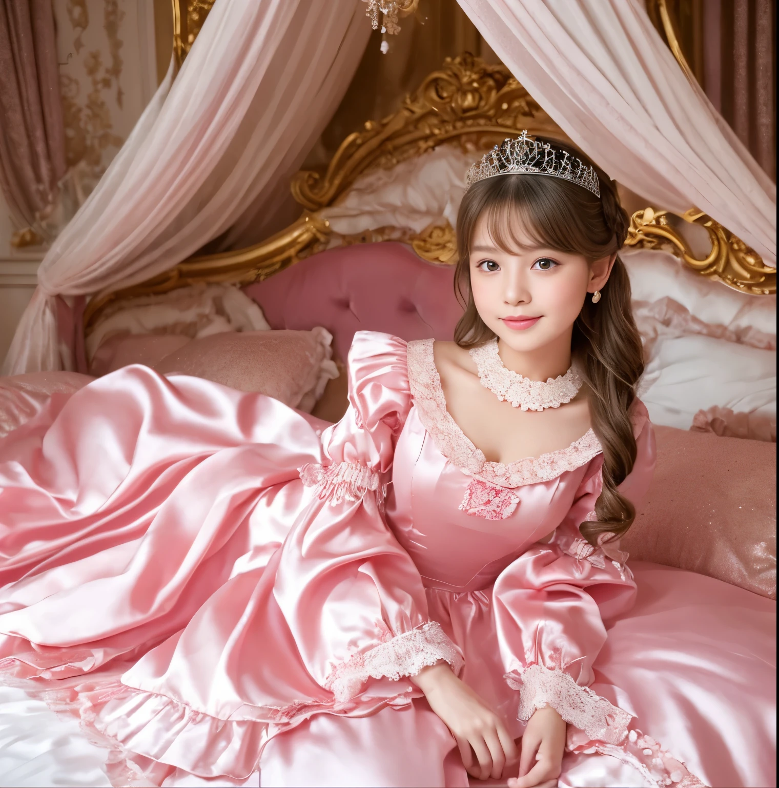 ,highest quality, masterpiece, highest resolution, artwork, super それにget used to it, many get used to it, get used to it, それにget used to it, 3K realistic photos,,(( When I )),Super detailed baby face,She isss,Full length ball gown dress with hoop skirt,ruffled yoke collar,puff sleeves,long sleeve,((Lolita style hot pink detailed princess satin dress、Comes with lots of frills and ribbons。)),colorful rococo fashion,shiny satin dress,Soft and smooth fabric,luxury,long blonde hair,blue eyes,white skin european,pajamas,((inside the palace)),,,(( When I was 10 years old)),Super ce,Full length ball gown dress witirt,long skirt,ruffled yoke collar,puff sleeves,腰まで伸びるlong blonde hair,blue eyes,white skin european,pajamas,((inside the palace bedroom)),ピンクのシルクサテンのluxuryなcanopy bedの上,canopy bed,Luxury curtains on both sides of the bed,many frilly pillows on the bed,super detailed background,Detailed bed,silk satin bed sheets,soft silk satin comforter,Soft silk satin ruffled pillow in pastel colors,romantic atmosphere,little princess is sitting on the bed,Don&#39;Don&#39;t put your feet out to the side,Beautiful girl illustration,detailed beautiful face detailed hair,detailed human eye ,detailed mouth, arm details,fine hands,Detailed pillow,