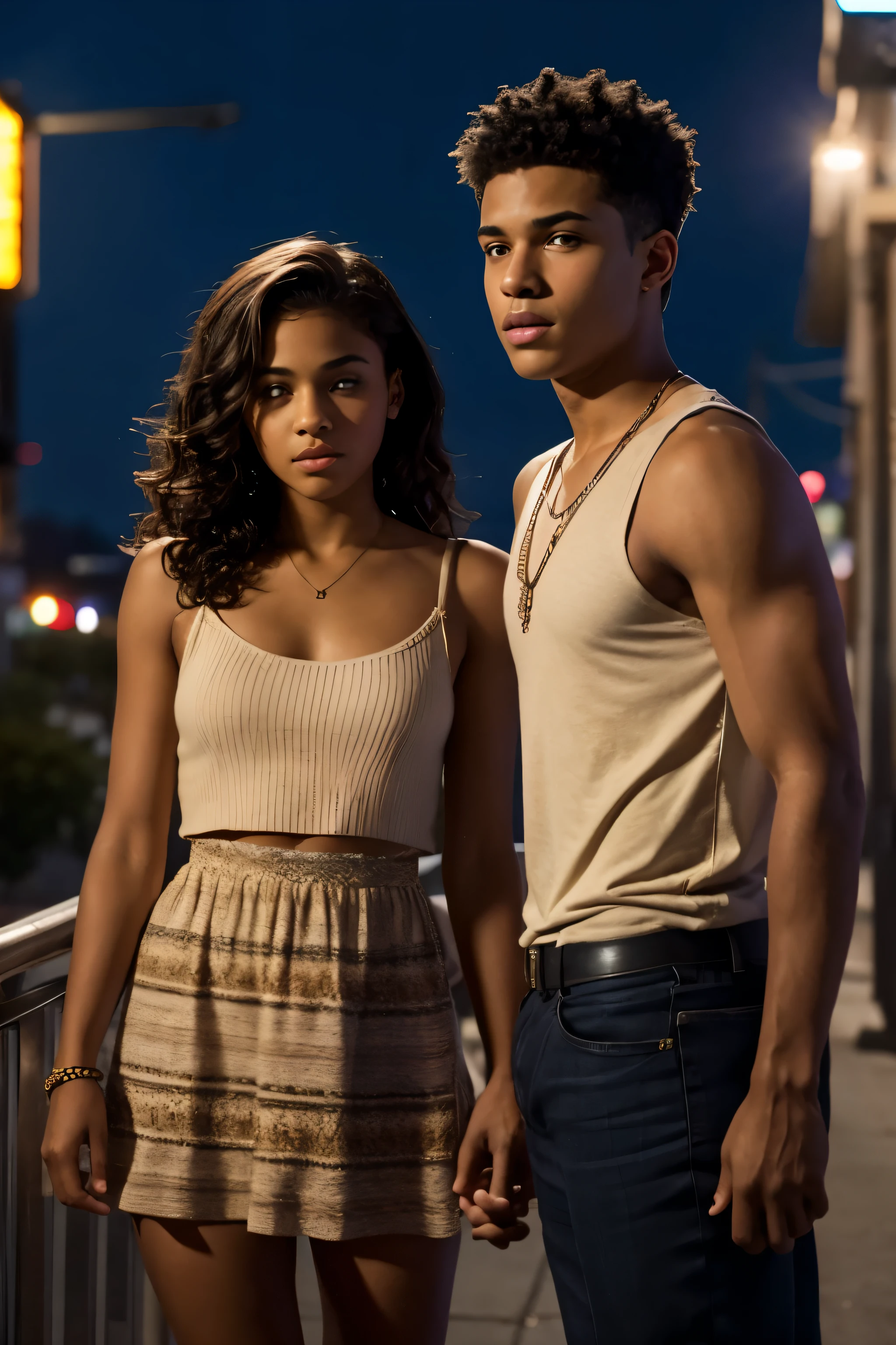 film avec un jeune et beau garçon adolescent mixte et une belle jeune et belle adolescente mixte, ils se détestent, un arrière-plan est une ville nocturne.