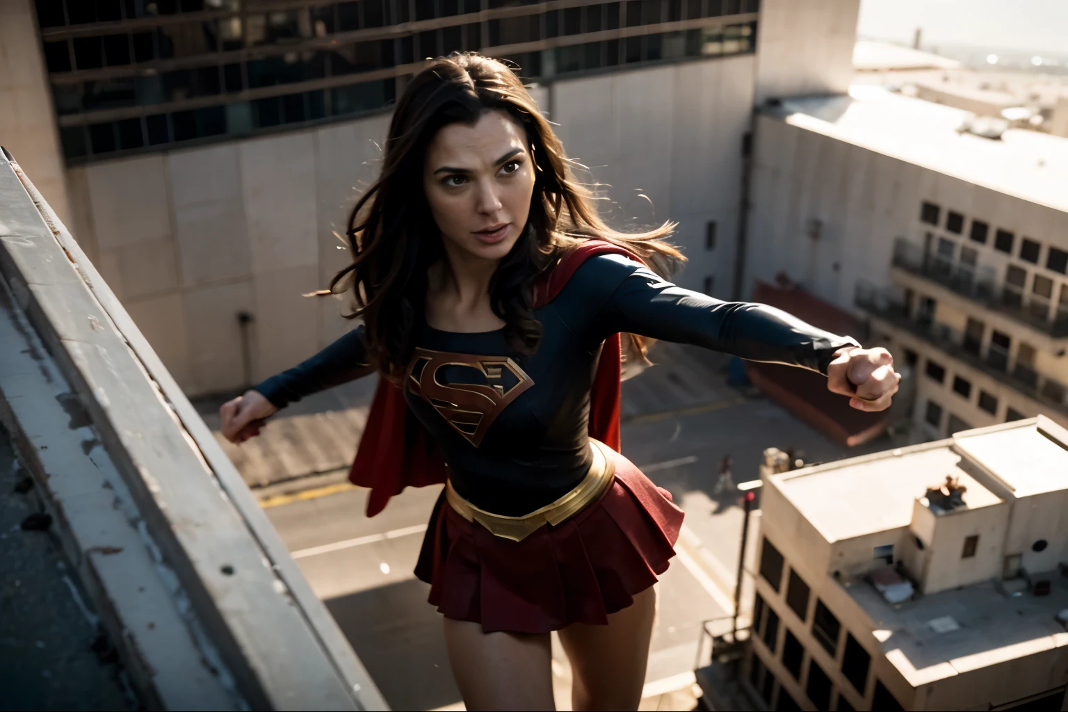 gal gadot, long brown hair, supergirl, floating with your cape front a building, serious look, front view, photorealistic portrait, dramatic, cinematic, overcast, bird eye view, 4k resoltion, hyperdetailed, extremely detailed scene